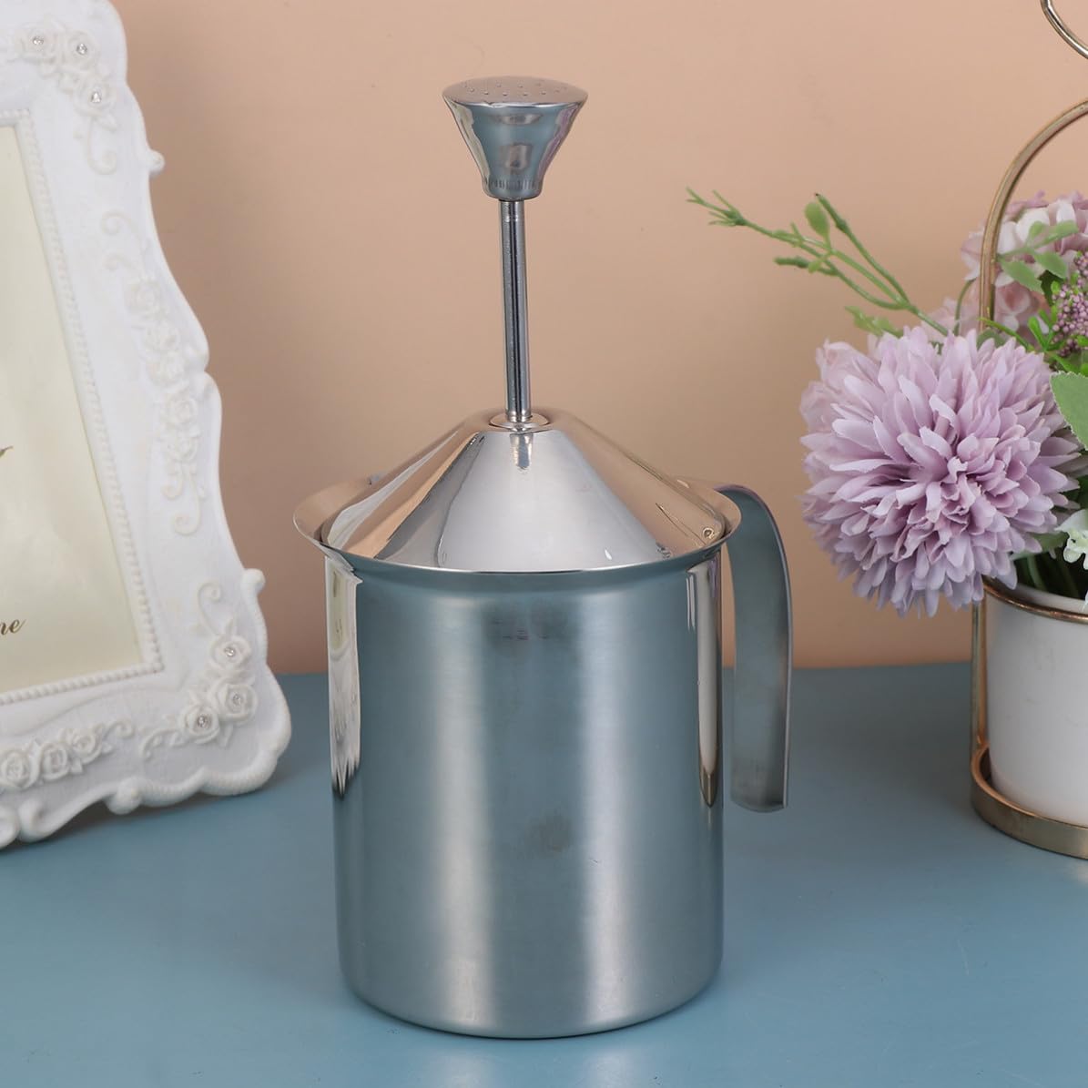 Schiumalatte Manuale in Acciaio Inossidabile 304 Doppio Filtro a Doppio Strato, Capacità 800cc, per Uso Domestico e Bar per Preparare Latte Schiumoso