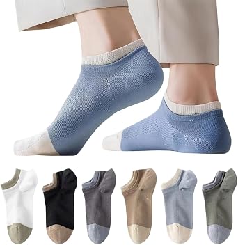 Cotton Socks Ankle Socks, Breathable Low Cut Athletic Socks, Double Elastic, 6 Pairs, Multicolor Cotton Blend, Comfort Cushioned Design for Daily Wear