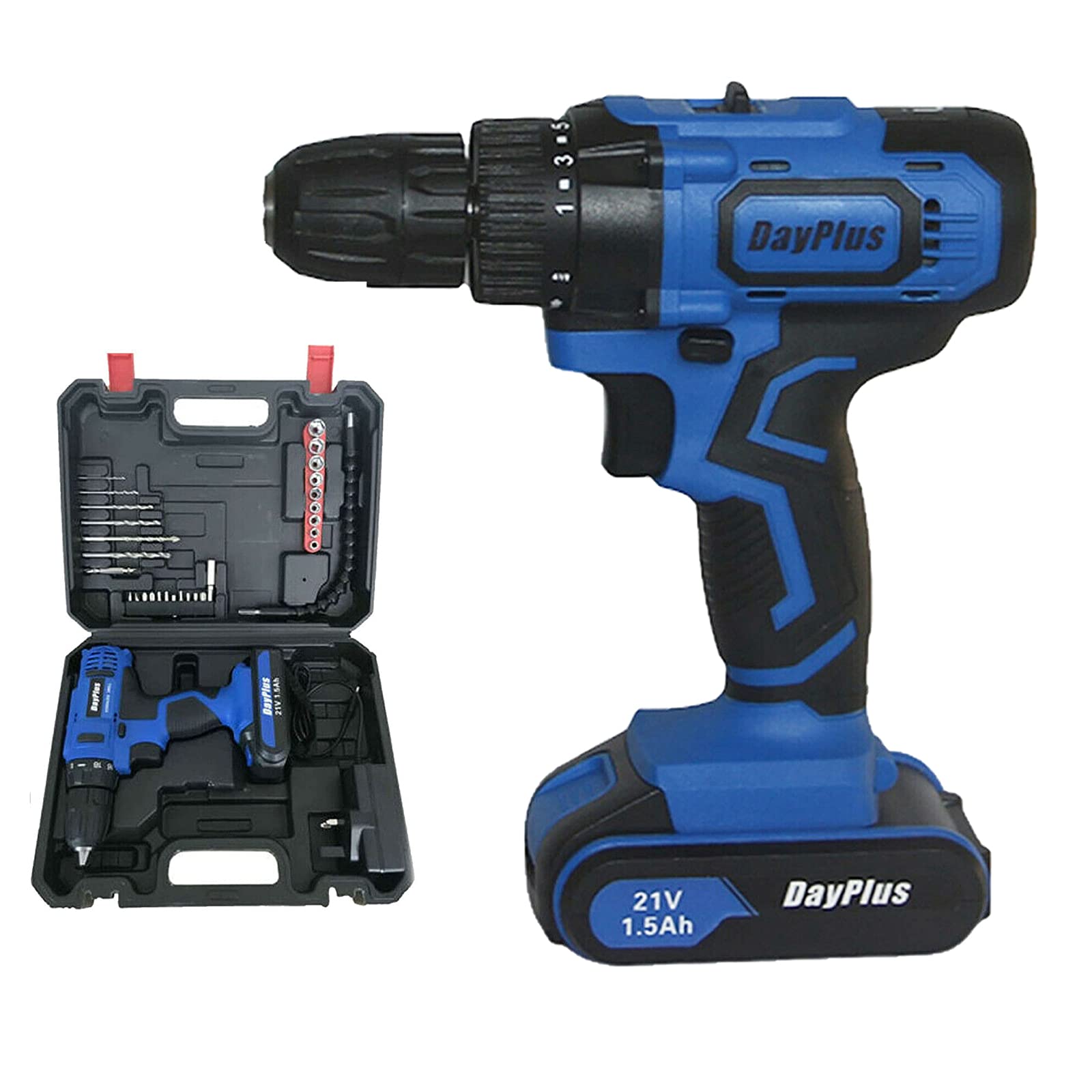 Dayplus Blue Cordless Drill Driver 45Nm, 21V 1 × 1.5Ah Battery Electric Drill Screwdriver, Impact Driver, Fast Charger, 2 Speed, Forward & Reverse Setting, Built-In Led + 29Pc Accessory Kit