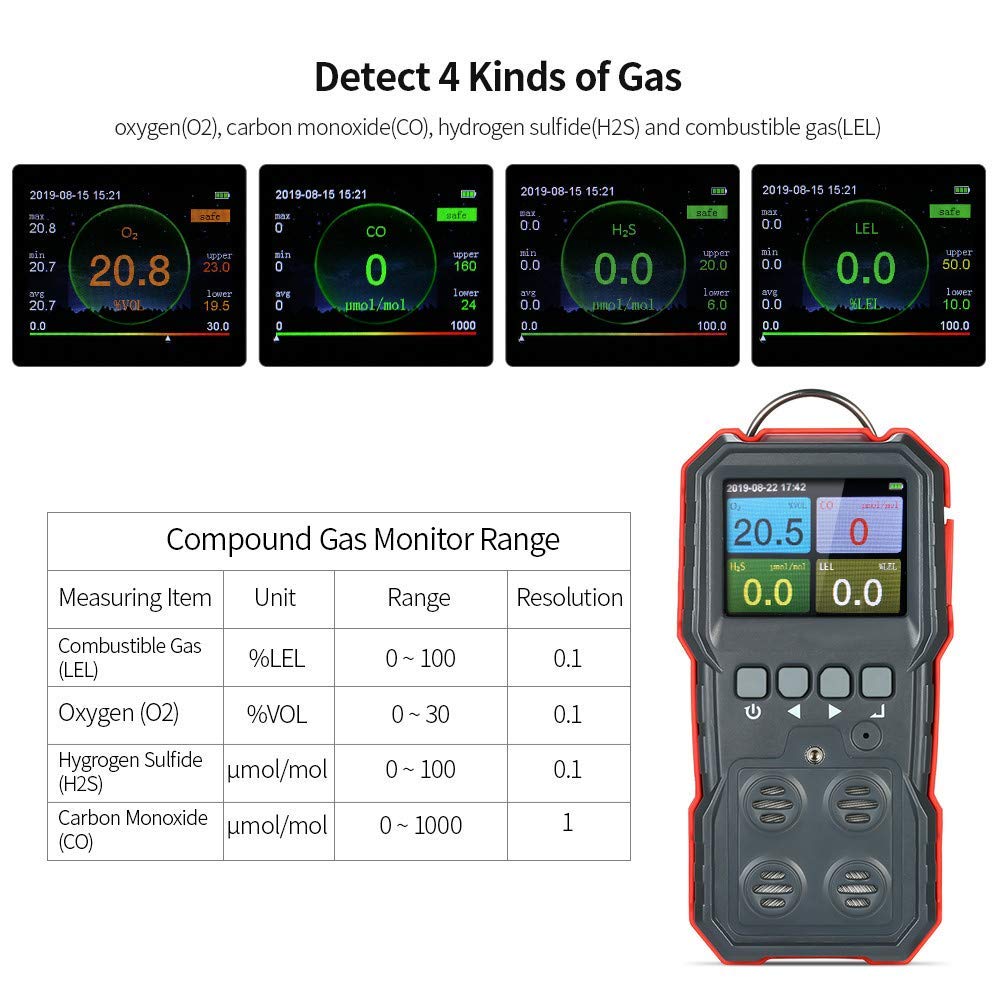 Rilevatore di gas 4 in 1, rilevatore di gas multigas portatile Rilevatore di monossido di carbonio portatile digitale Tester di gas solfuro di idrogeno con display LCD
