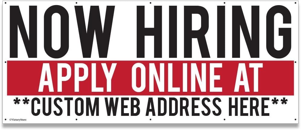 VictoryStore Custom Now Hiring Banner Add Your Custom Website, Vinyl Banner with Grommets, 30x72 Inches