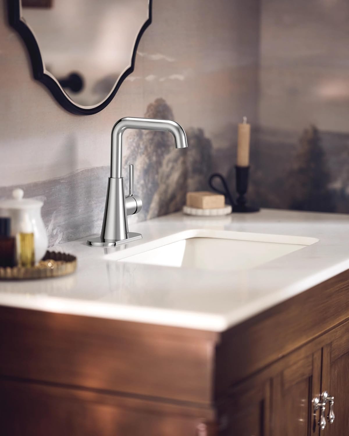 Moen Ronan Chrome Double Bend Single Hole Modern Bathroom Sink Faucet with Optional Deckplate and Spring Loaded Drain Assembly, 84024