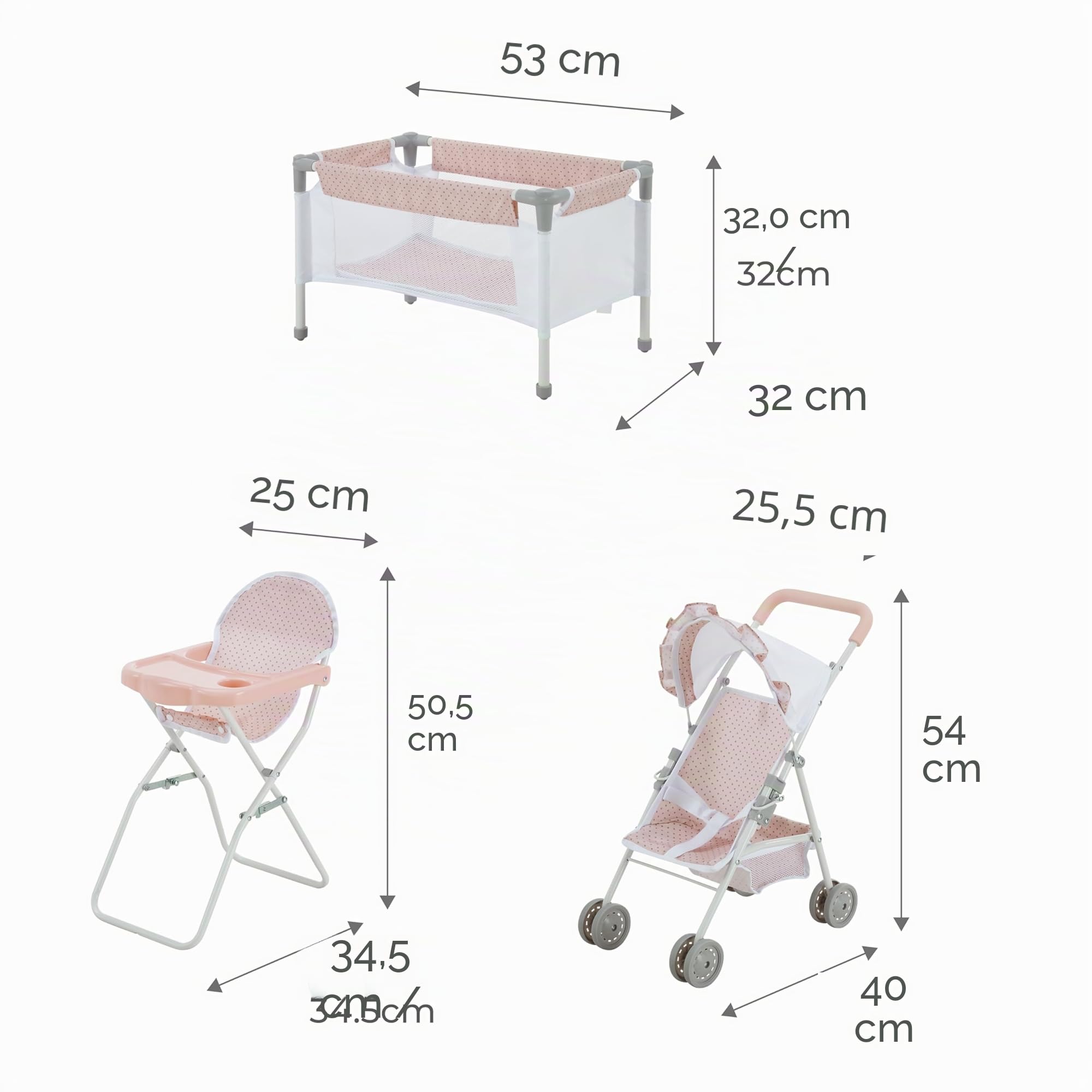 Olivia's Little World Station de Nurserie 3pcs Lit Bebe Chaise Haute et Poussette Rose Gris