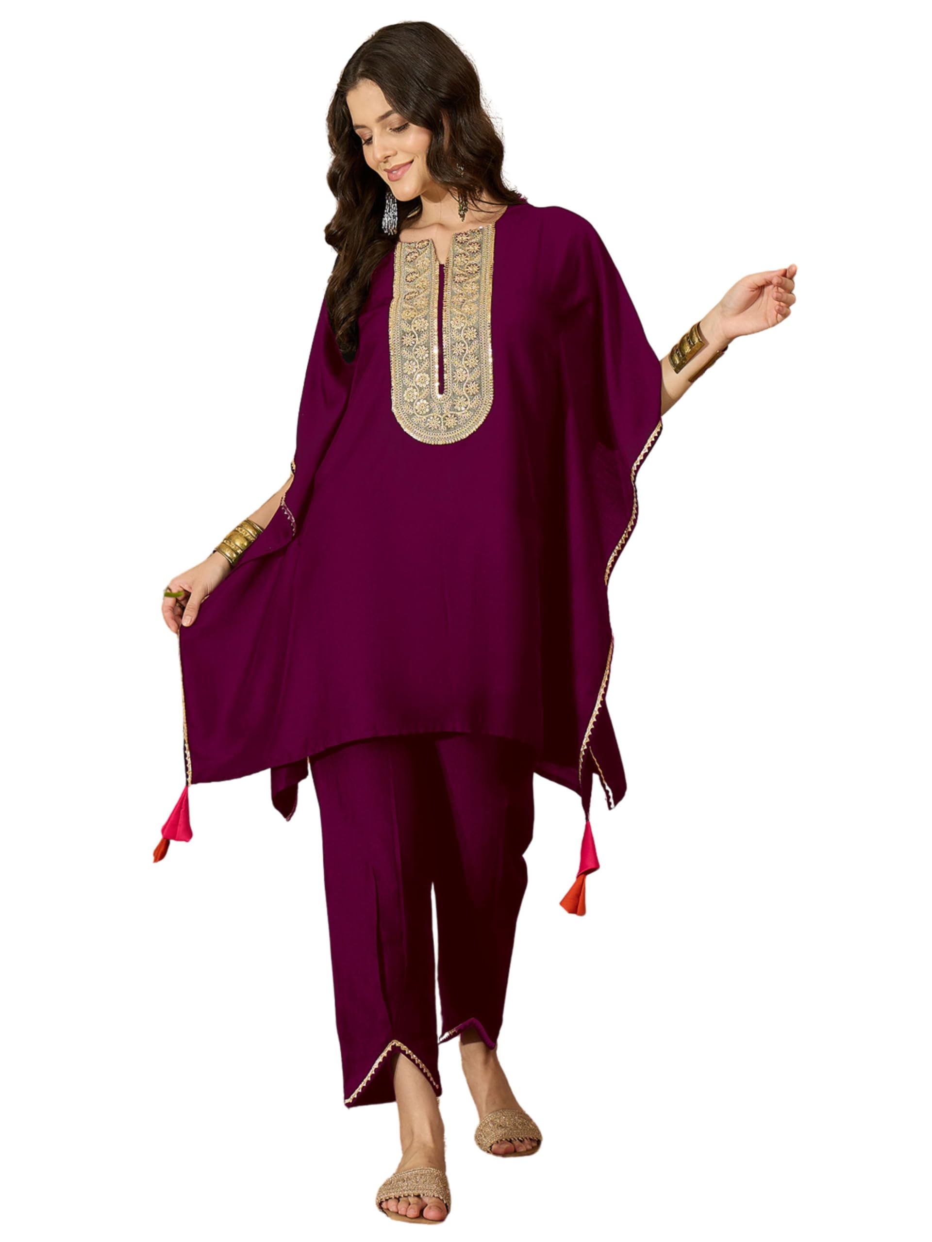 Youthnic Women's Cotton Silk Embroidered Kaftan Kurta with Pant Set | Co Ord Set for Women Stylish | Kurta Set for Women | Wedding Outfit, Wine, M โ image 1