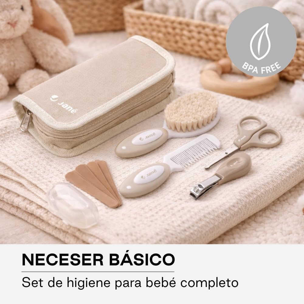 Jané Set de Higiene Bebé Basic con Neceser, Peine, Cepillo Cerdas Naturales, Tijeras, Cortauñas, Limas y Cepillo Dental Silicona, Beige