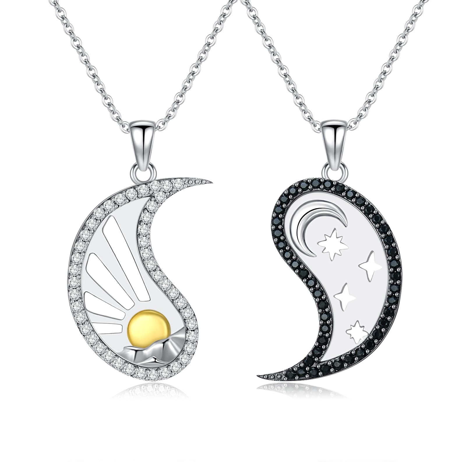 Yin Yang Paar Halsketten 925 Sterling Silber Sonne Mond Anhänger Halsketten für Damen Yin Yang Schmuck Geschenke für 2