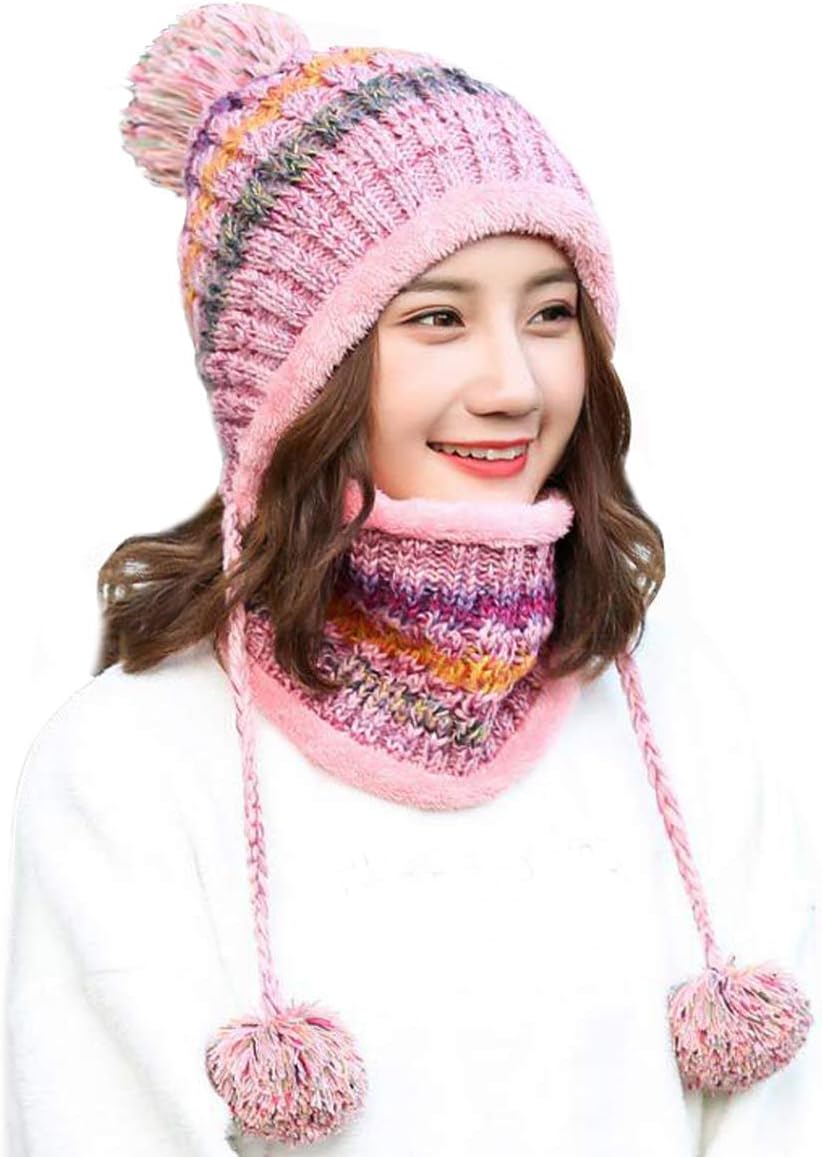 Women Winter Beanie Hat Circle Scarf Set Pompoms Peruvian Ski Snow Ear Flaps Cold Weather Warm Sherpa Knit Hats Fleece Lined