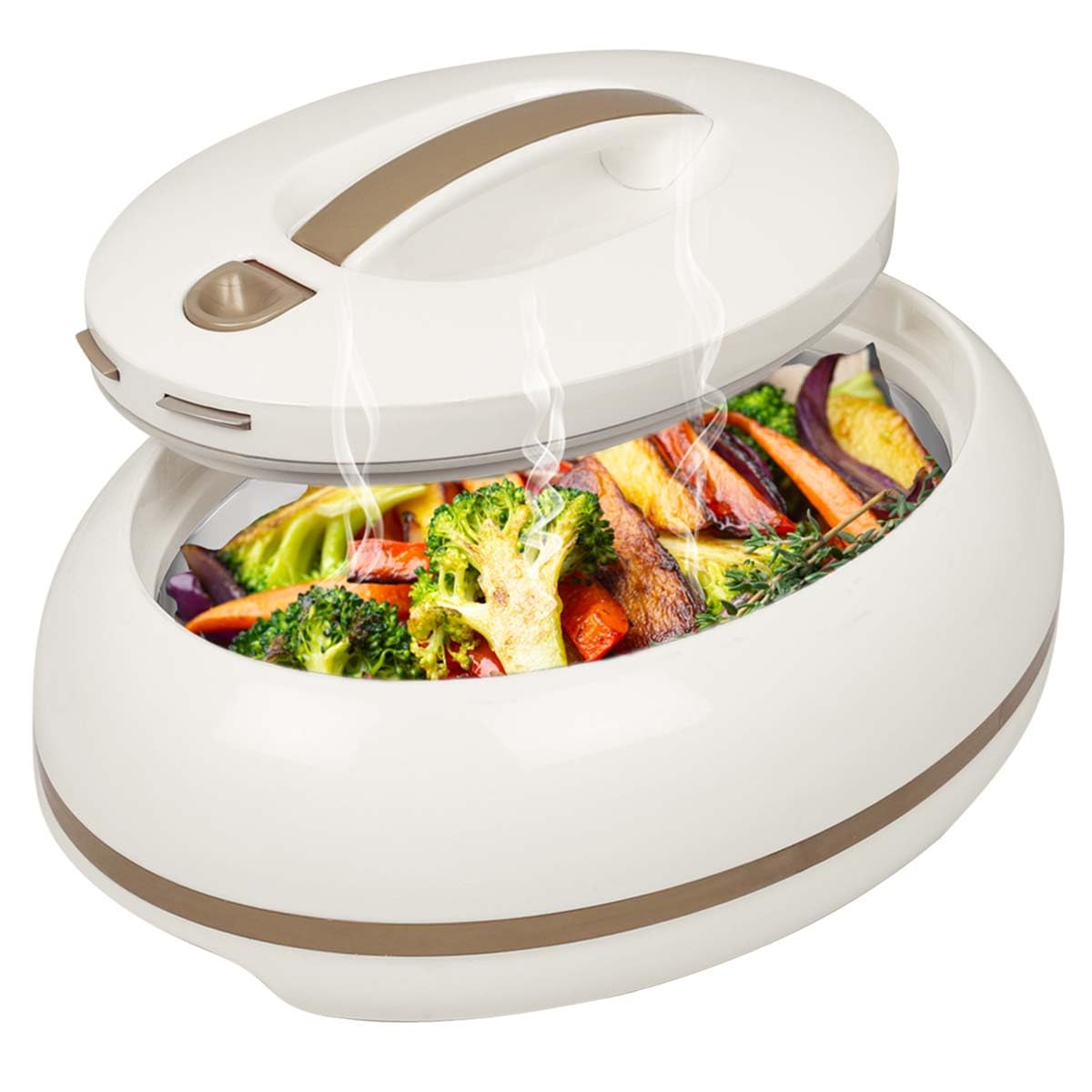 Elegant Large Oval Insulated Casserole Carrier Dish- One Hand Open Lid- 3.15 qt. Luxury Hot Pot Food Warmer/Cooler -Thermal Serving Bowl For Buffet/Parties-Stainless Steel Hot Food Container -Ivory