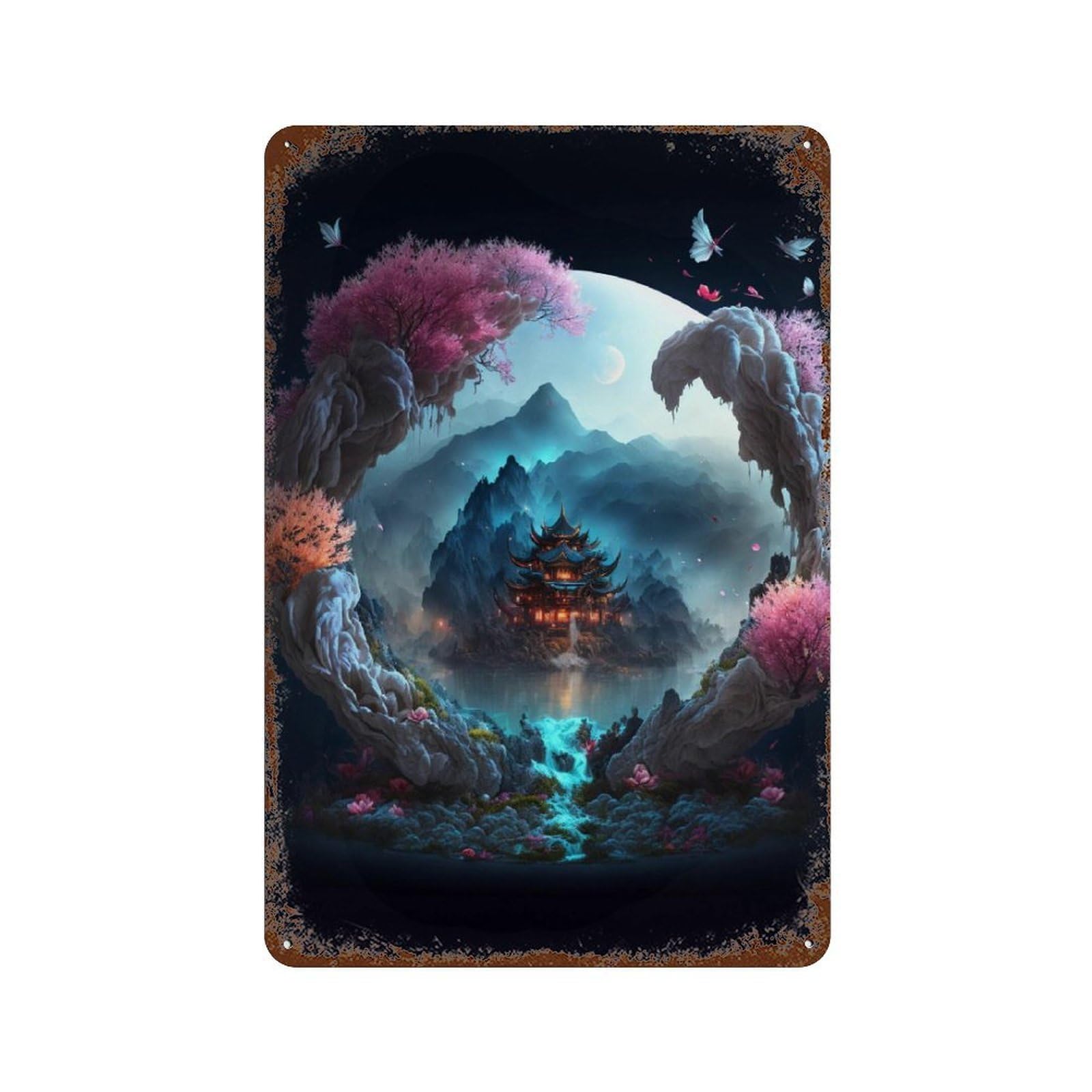 Fantasy Asian Landscape with Temple Rust Effect Tin Sign 11.8"x7.9", Vintage Wall Decor for Pub, Kitchen And Man Cave Decor
