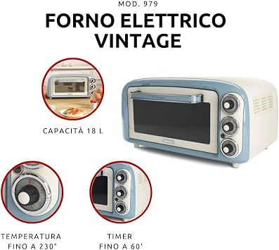 فرن Ariete Vintage باللون الأزرق 0979/05 - فرن بيتزا، 1380 واط، سعة 18 لتر، 3 وظائف للطهي، قادوس من الفولاذ المقاوم للصدأ، مؤقت 60 دقيقة، زجاج مزدوج، درجة حرارة تصل إلى 230°C، سهل التنظيف [فئة الطاقة أ]