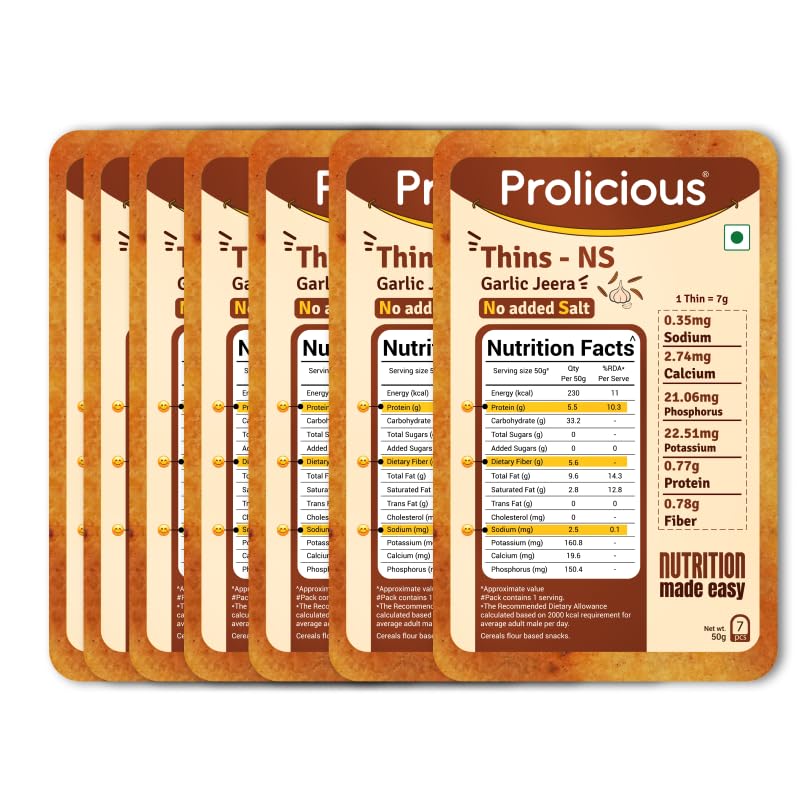 Image of Prolicious High Protein High Fiber No Salt Garlic Jeera Thins| No Plam Oil | Saltfree |Ideal for weightloss & PCOS | Healthy Snack | 50g each, pack of 7