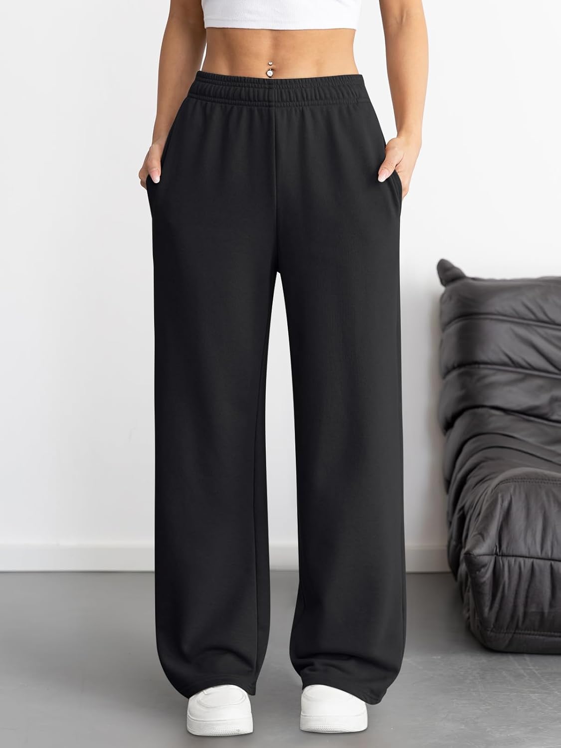 ATHMILE Women's Wide Leg Sweatpants High Waisted Baggy Interior Drawstring Joggers Straight Leg Sweat Pants with Pockets - Image 2