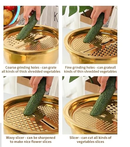 Qobimoon QIBO-1284C-FBM 3Pc/Set Colander Set Stainless Steel Vegetable Slicer Fruit Potato Peeler Carrot Grater Strainer Utensil Round Rice Washer Bowl Drain Basket-Gold thumb #4