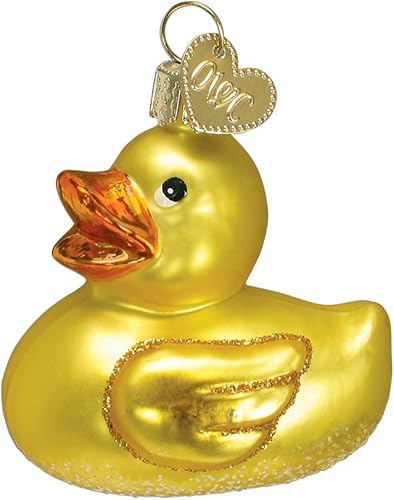 Old World Christmas Adorno de cristal soplado de pato de goma para árbol de Navidad, decoración navideña artesanal, primera colección de Navidad del