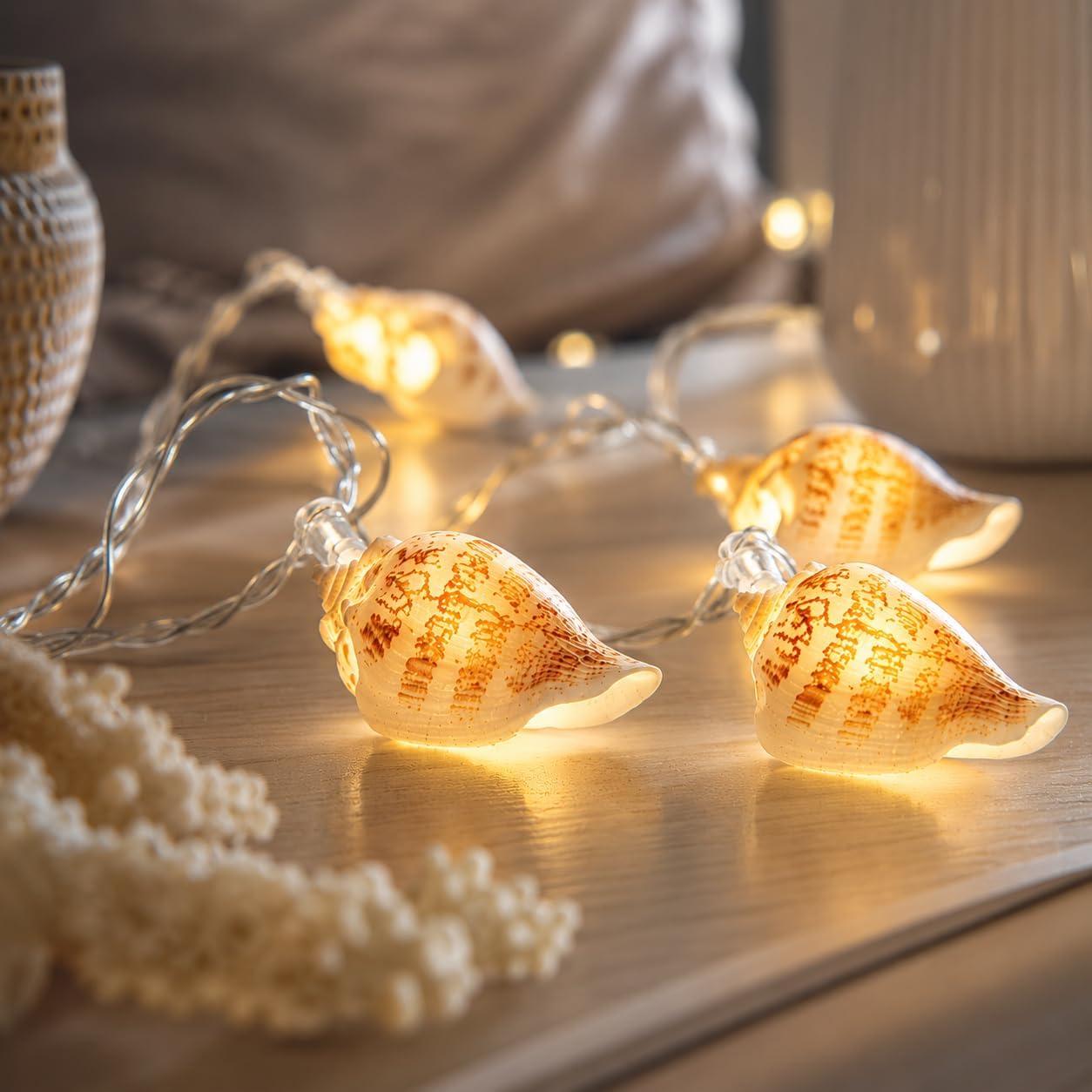 – 1.5m Battery Powered Real Sea Shell Fairy Lights – 10 Warm White LEDs on Discreet Clear Cable – Decorative Indoor String Lighting with Timer for Bathrooms, Bedrooms & Relaxing Spaces