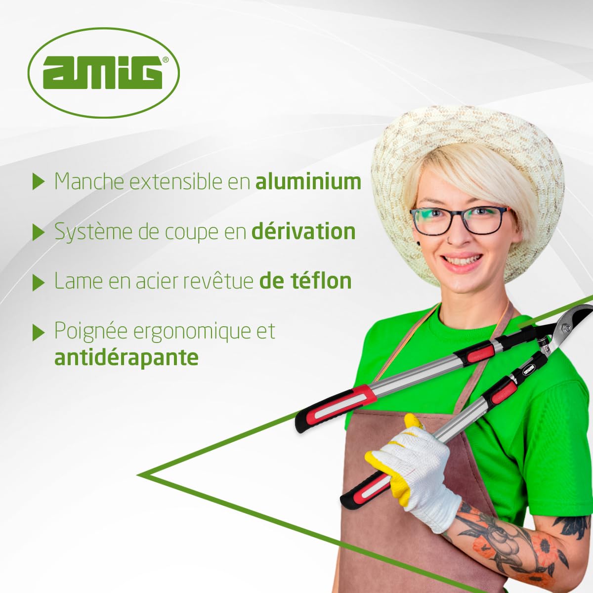 Amig - Cisaille d'Élagage Extensible à Deux Mains | Manche Télescopique en Aluminium | Lame en Acier Revêtue de Téflon | De 62 à 97 mètres | Coupe Bypass | Capacité de Coupe de 38 mm