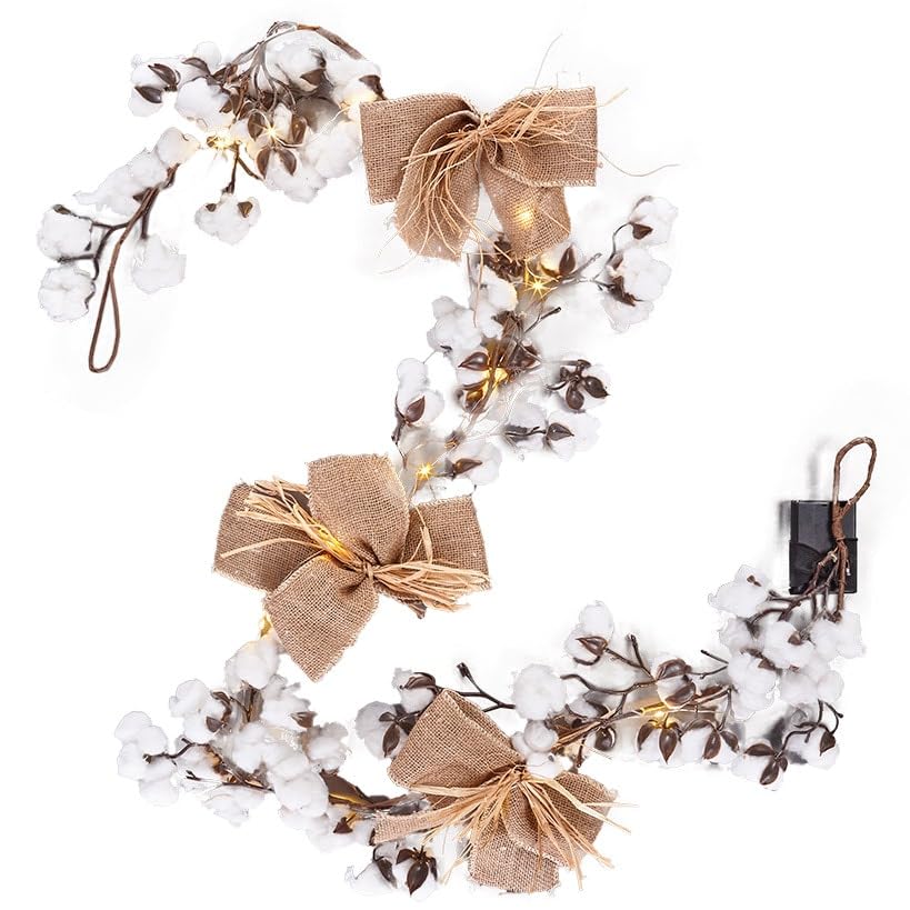 The Lakeside Collection Decorative Cotton Ball Holiday Garland with Canvas Bow Tie Appliques White