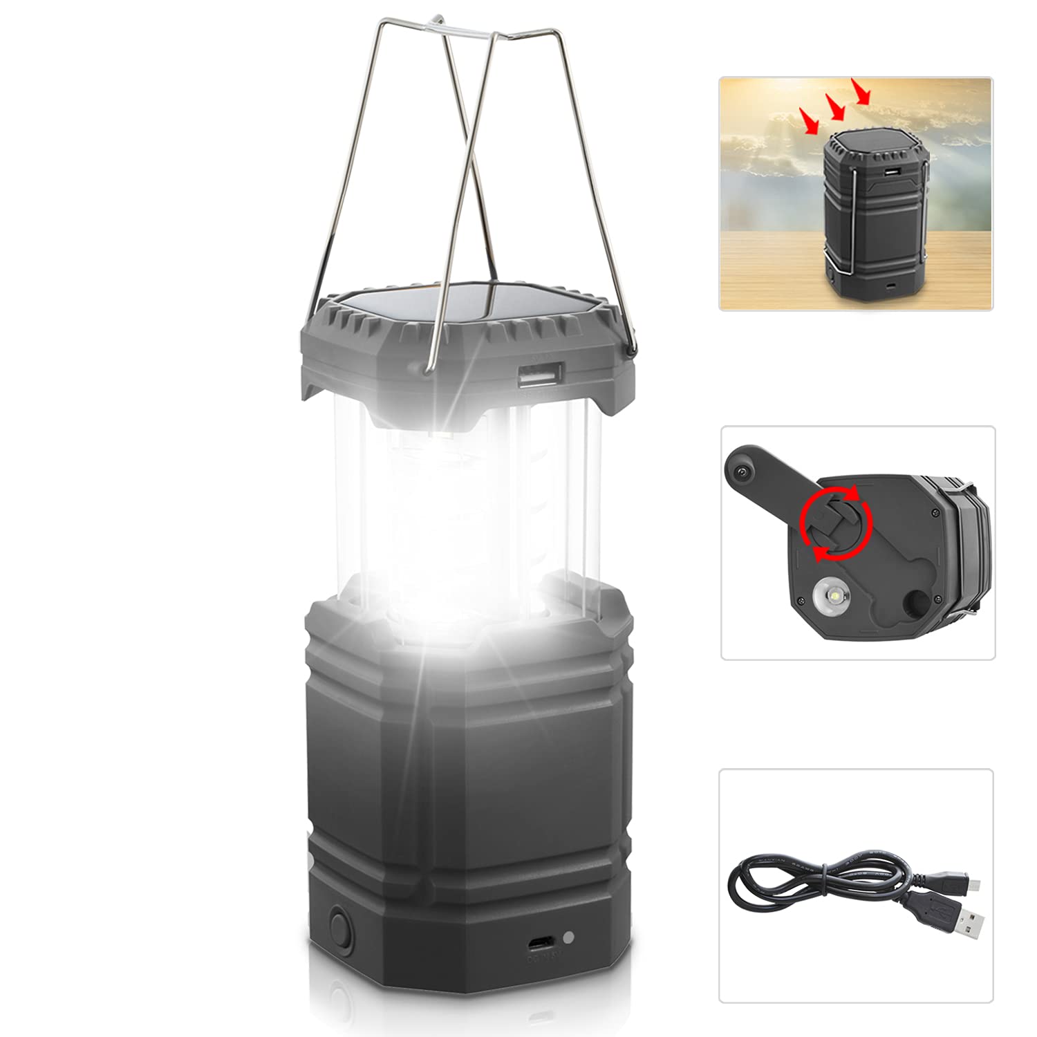 Solar Camping Lantern Rechargeable, LED Hand Crank Lantern Flashlight, Ultra Bright, 3000mAh Emergency Power Bank Camping
