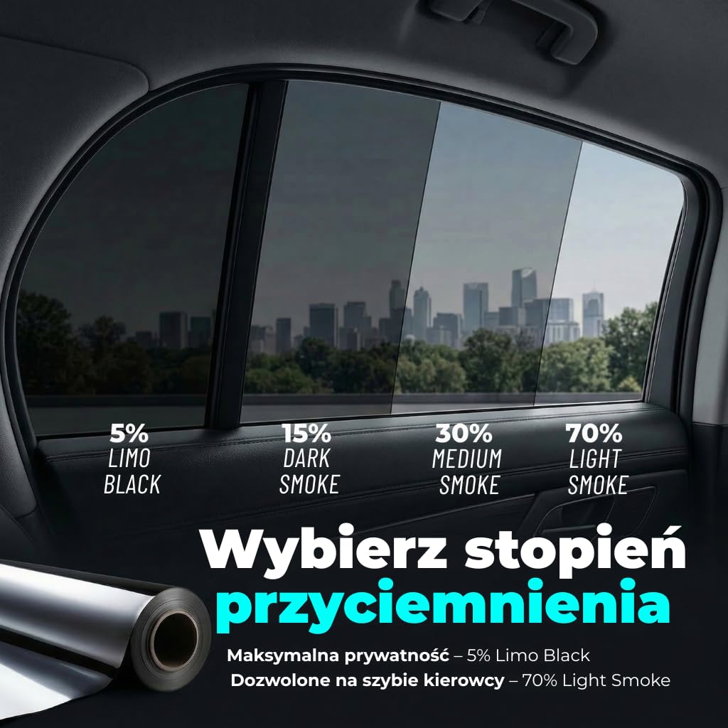 Folia przyciemniana do szyb samochodowych BLACKGLASS IX – profesjonalna jakość, do vanów i innych pojazdów (70% przepuszczalności światła, 6 m × 65 cm, 2-warstwowa, Light Smoke) z instrukcją montażu