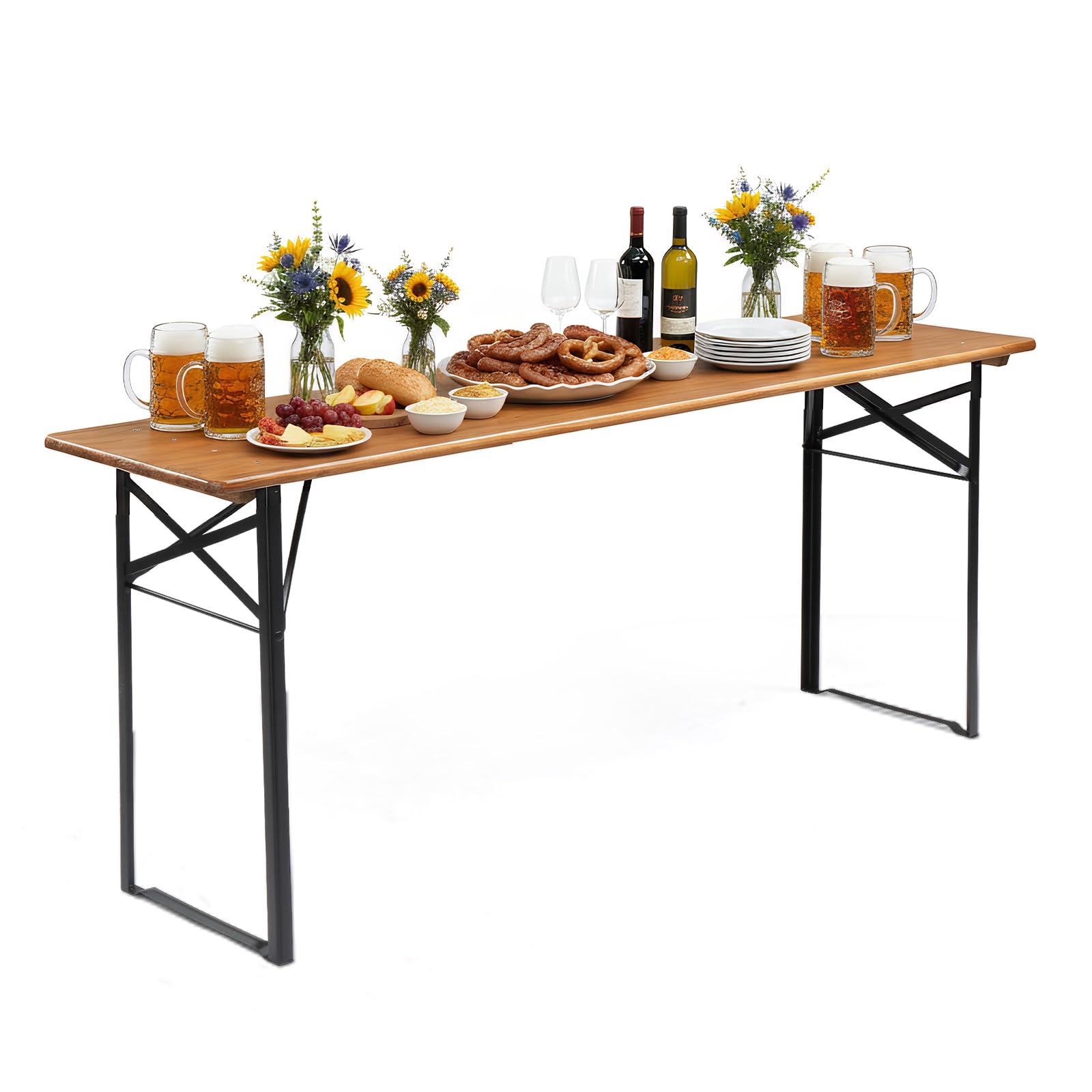 Bonnlo Folding Wooden Table, 177cm Outdoor Picnic Trestle Beer Table for Garden Patio Camping, Portable Fir Wood Dining Table with Steel Legs for BBQ Party Holiday, Walnut