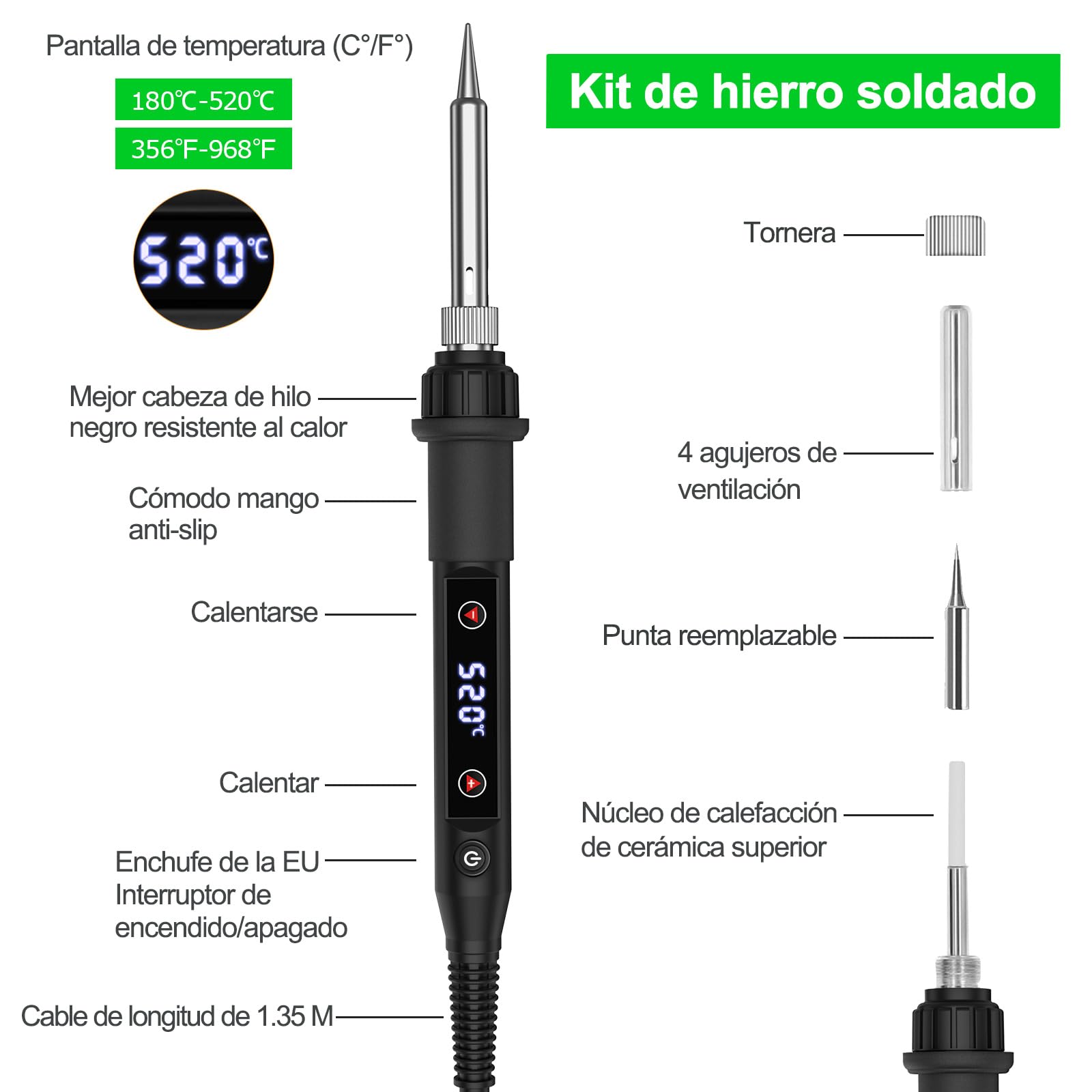 Soldador de estaño 80W Kit 13 en 1 Soldador Profesional con Temperatura Ajustable 180℃-520℃, 5pcs Puntas, Bomba Desoldadora, Soporte, Pinzas Antiestáticas, Alambre de Soldadura
