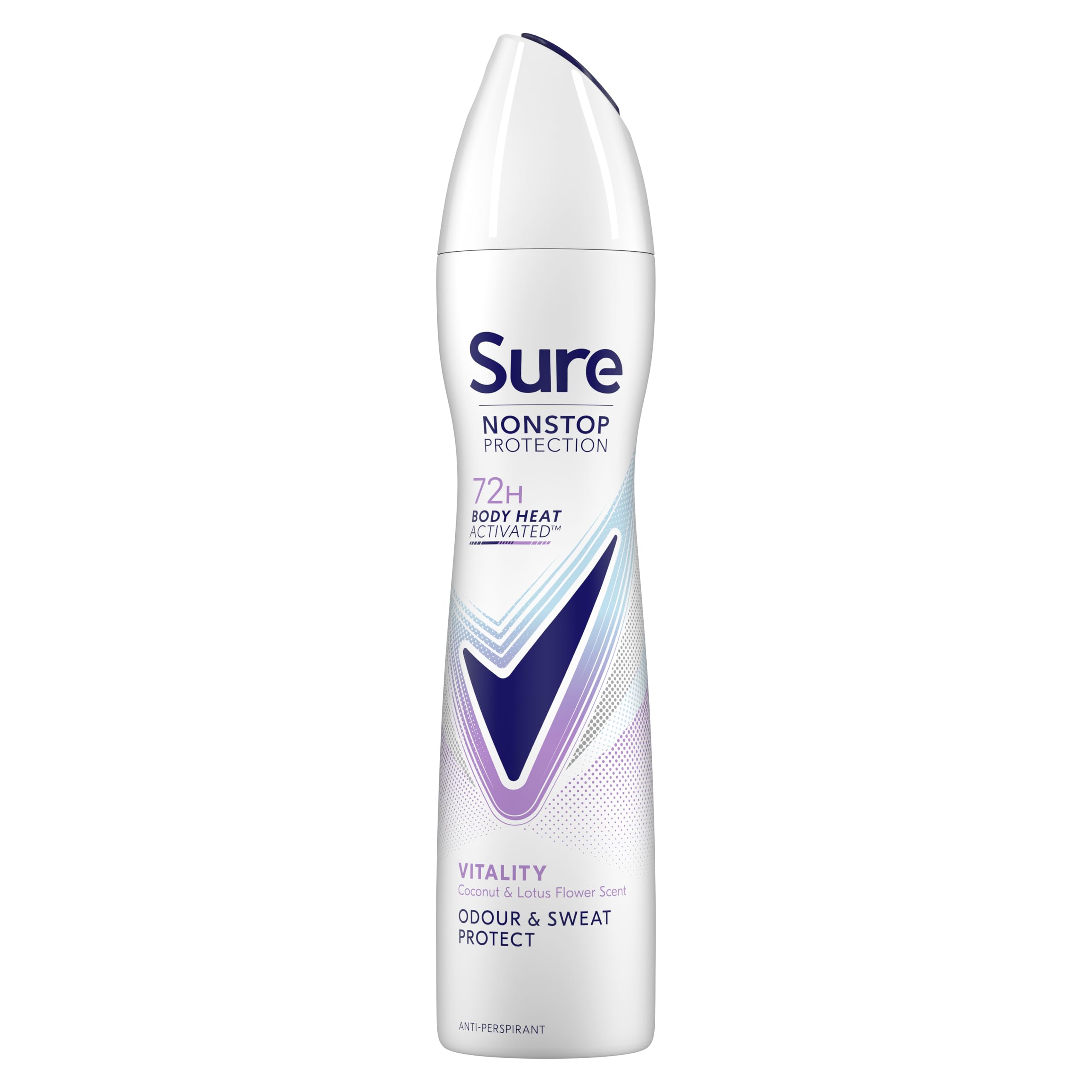 Sure Women Nonstop Protection Vitality Deodorant Body Spray Antiperspirant with a coconut & lotus flower scent, body heat activated technology for 72 hour odour and sweat protection 250 ml, Pack of 6