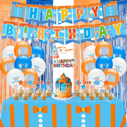 Bafeil 55PCS Cartoon Teacher Theme Party Supplies - Orange Blue Decorations Set with Hat Glasses Balloons Tinsel Foil Fringe Curtains Cupcake Toppers Tablecloth Banner for Birthday Party
