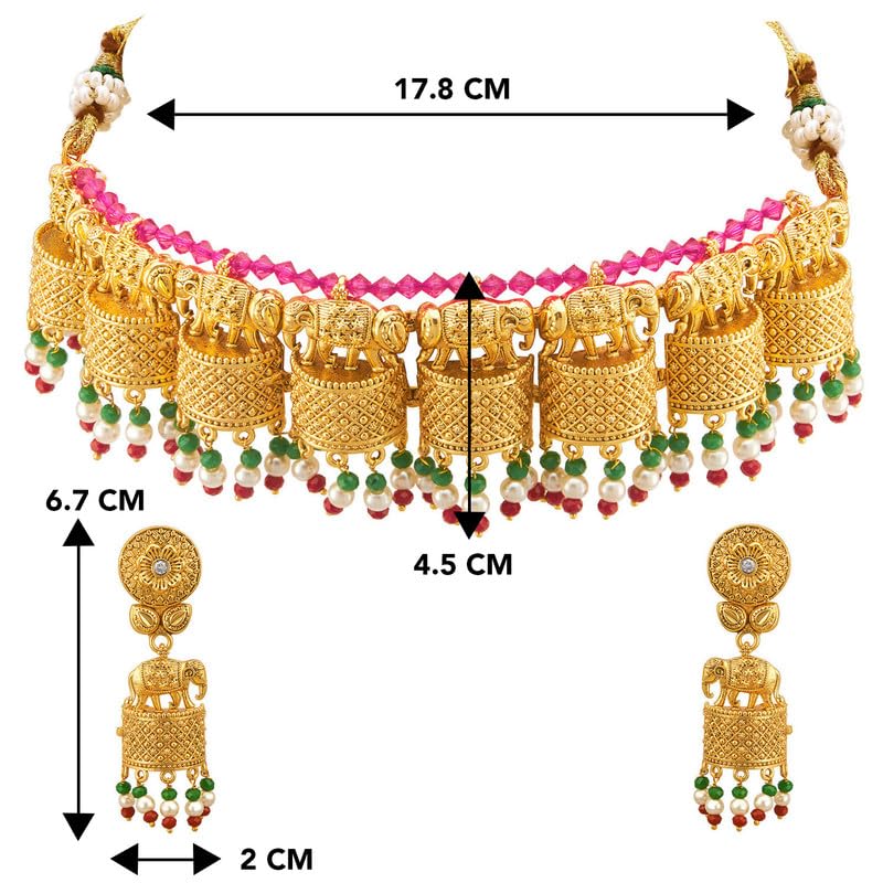 Aheli Elegante tono oro realizzato etnico festivo festa di nozze indossare collana girocollo Jhumki orecchini set per donne indiane gioielli di moda tradizionali, Metallo