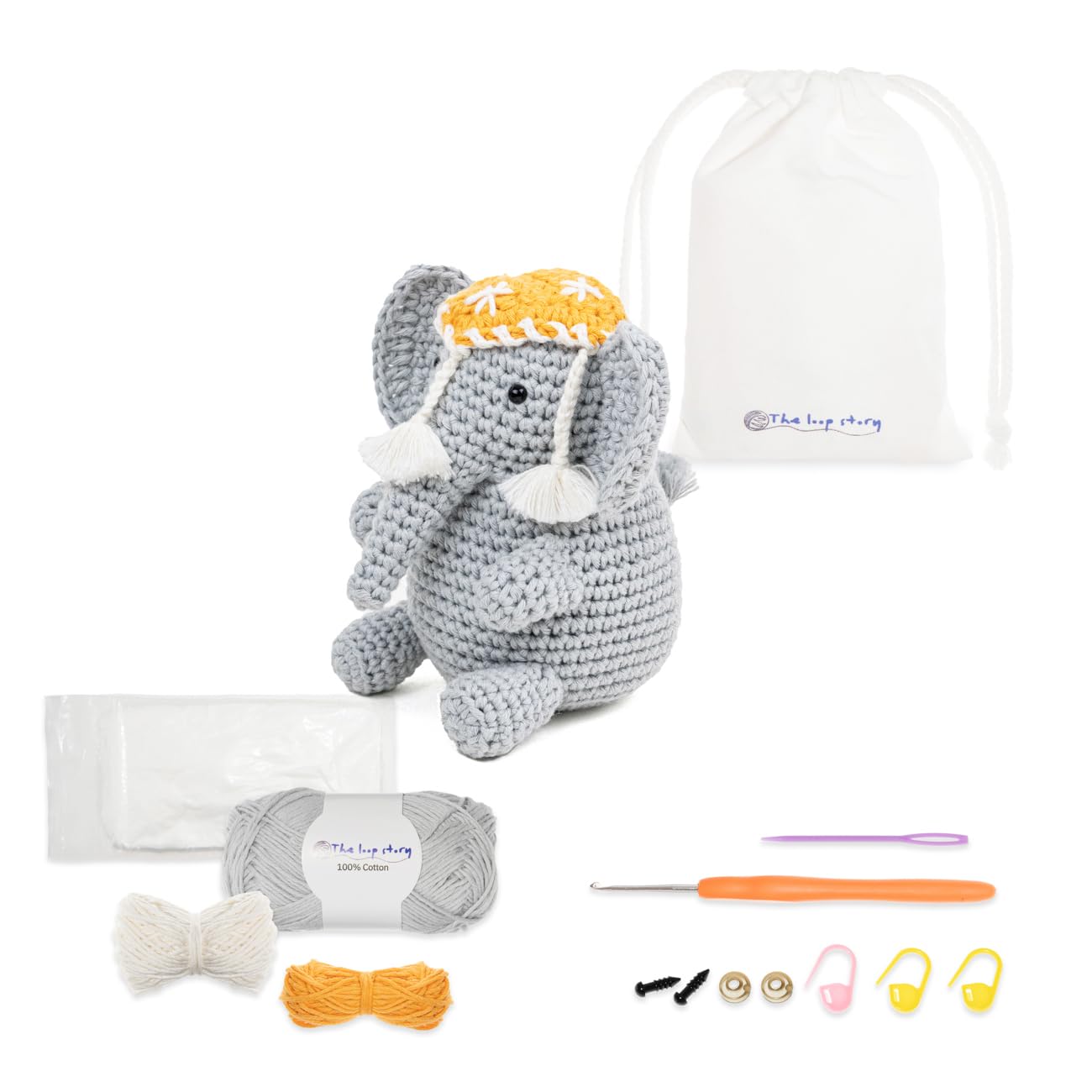 The loop story Häkelset Tiere Elephant Crochet kit mit Video-Kurs (Schritt für Schritt auf Englisch) – Häkel set für Anfänger & fortgeschrittene Erwachsene – mit Garn, Häkelnadel & Zubehör
