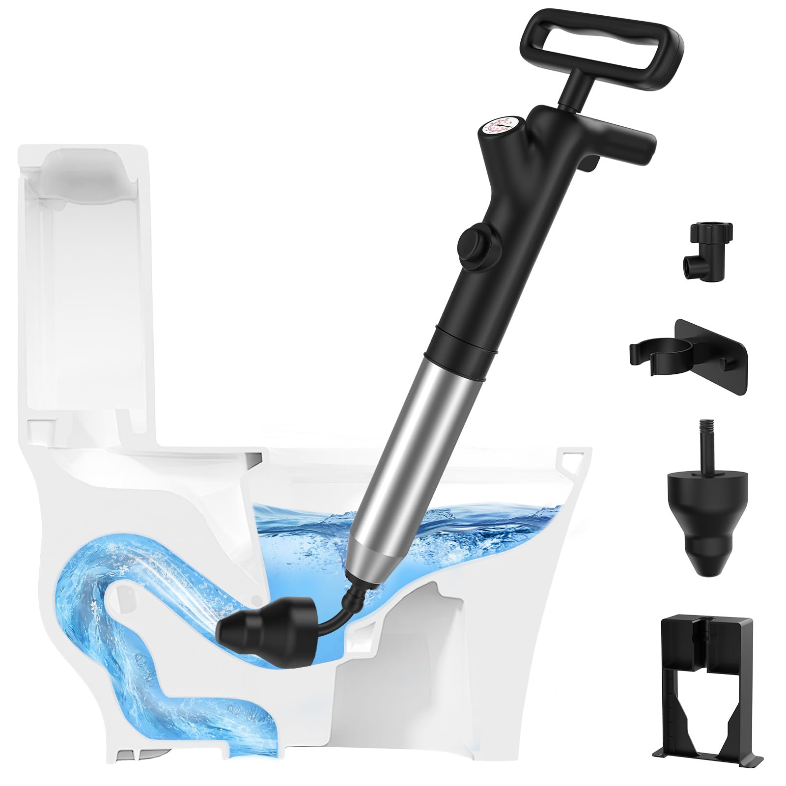 Granarbol Plungers for Bathroom, Toilet Plunger & Air Drain Blaster with Real-Time Gauge,Heavy Duty Toilet Auger & Drain Snake, Clog Remover Tool for Toilets, Sinks, Floor Drains (Black)-image-47