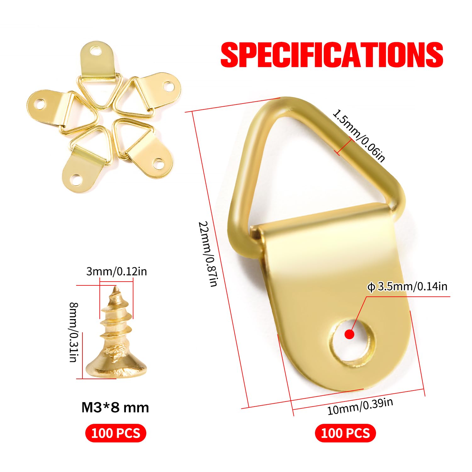 YIXISI 100 Pezzi Ganci Cornici Quadri, Triangolo Anello Gancio, D Anelli Cornice per Foto, Ganci Appendi Quadri, con 100 Pezzi Viti, per Foto Pitture, Decorazione Della Casa, Dorato