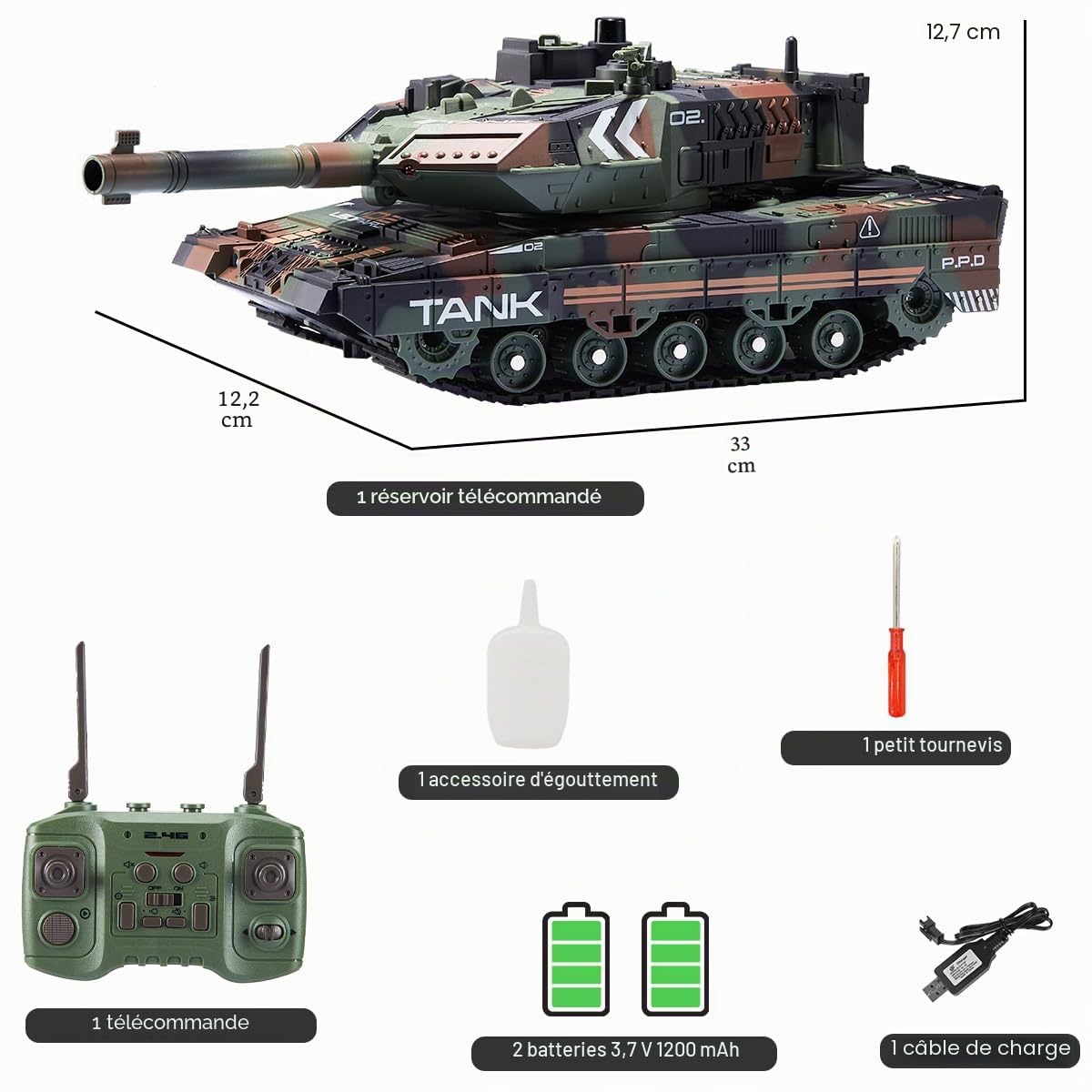 Char télécommandé RC qui tire pour Enfants Adultes, Jouets de char d'armée télécommandés 2,4G avec son de démonstration automatique, lumière, fumée, 13 canaux, modèle de véhicules militaires