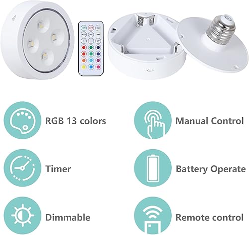Miniatura 3 de Kingmi Paquete de 2 luces LED de empuje con control remoto inalámbrico de 13 colores RGB AA, bombilla de batería regulable, funciona con pilas,