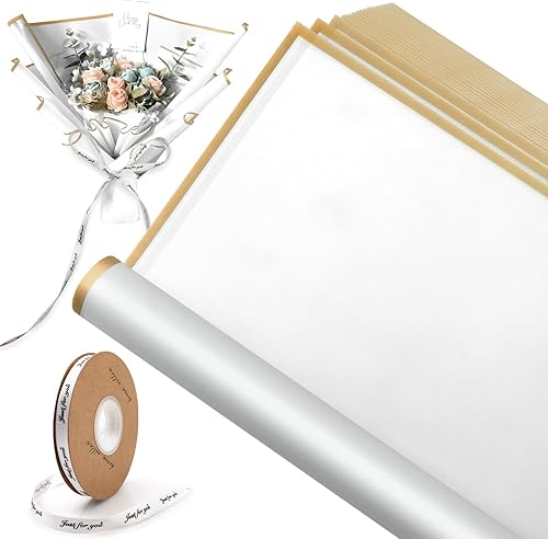 XHKDSYMC 20 hojas de papel de regalo de flores blancas, 22.24 x 22.24 pulgadas, papel de regalo para ramo de flores, borde dorado, impermeable, con