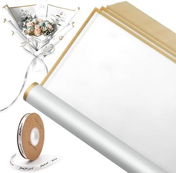 XHKDSYMC 20 Sheets White Flower Wrapping Paper, 22.24 x 22.24 inch Floral Bouquet Wrapping Paper Gold Edge Waterproof Flower Paper Wrap with 1 Roll Ribbon 40 Yards