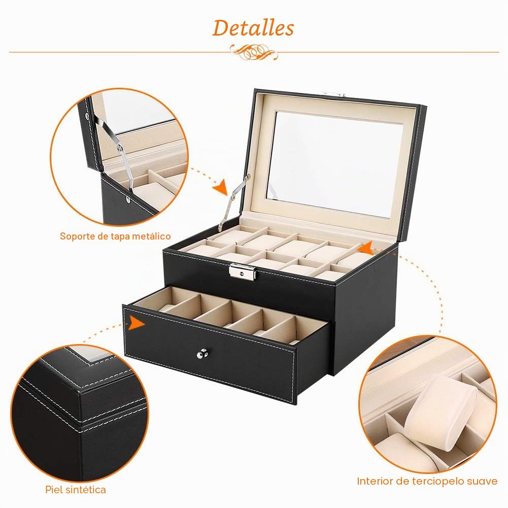 Caja Organizador para 20 Relojes de Piel Sintética con Forro Interior Terciopelo Tamaño 28 3 x 20 3 x 16 6 cm