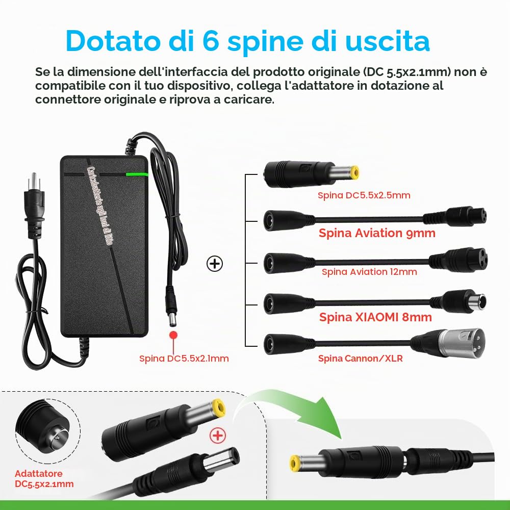Caricabatterie 67,2 V 5 A con spina 6 in 1 per batteria al litio da 60 V come auto, camion, tosaerba, barche, batterie marine (67,2 V 5 A (spina 6 in 1)