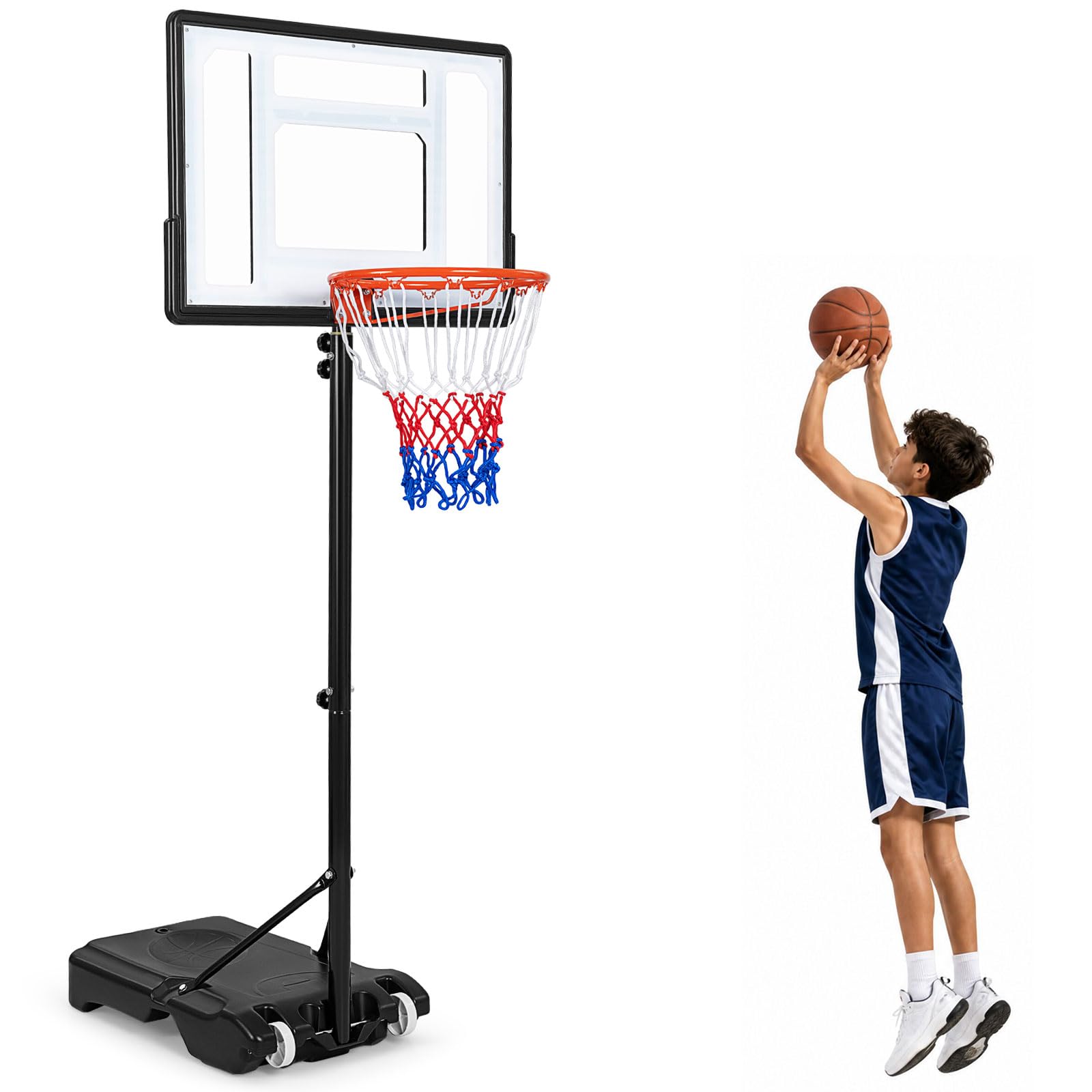 COSTWAY Canestro da Basket per Esterno e Interno 263-308 cm | Canestro Baskat per Bambini e Adulti Regolabile Altezza Portatile con Base Riempibile, Tabellone Infrangibile, Rete e Ruote