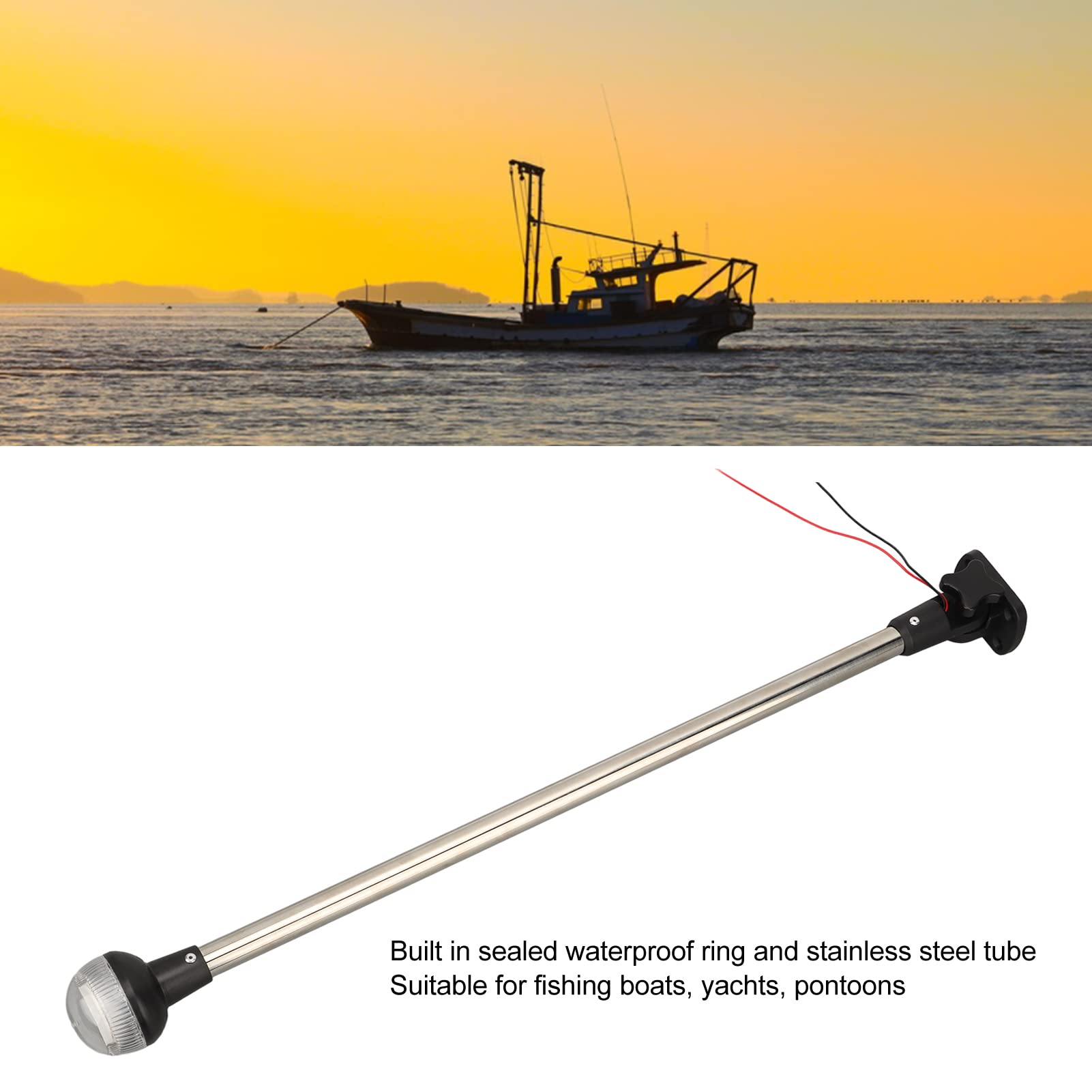 Luce a LED per barca, luce di ancoraggio per barca, IP65, PC, impermeabile, lega di alluminio, CC 12 V, 1,5 W, 63,5 cm, per pesca