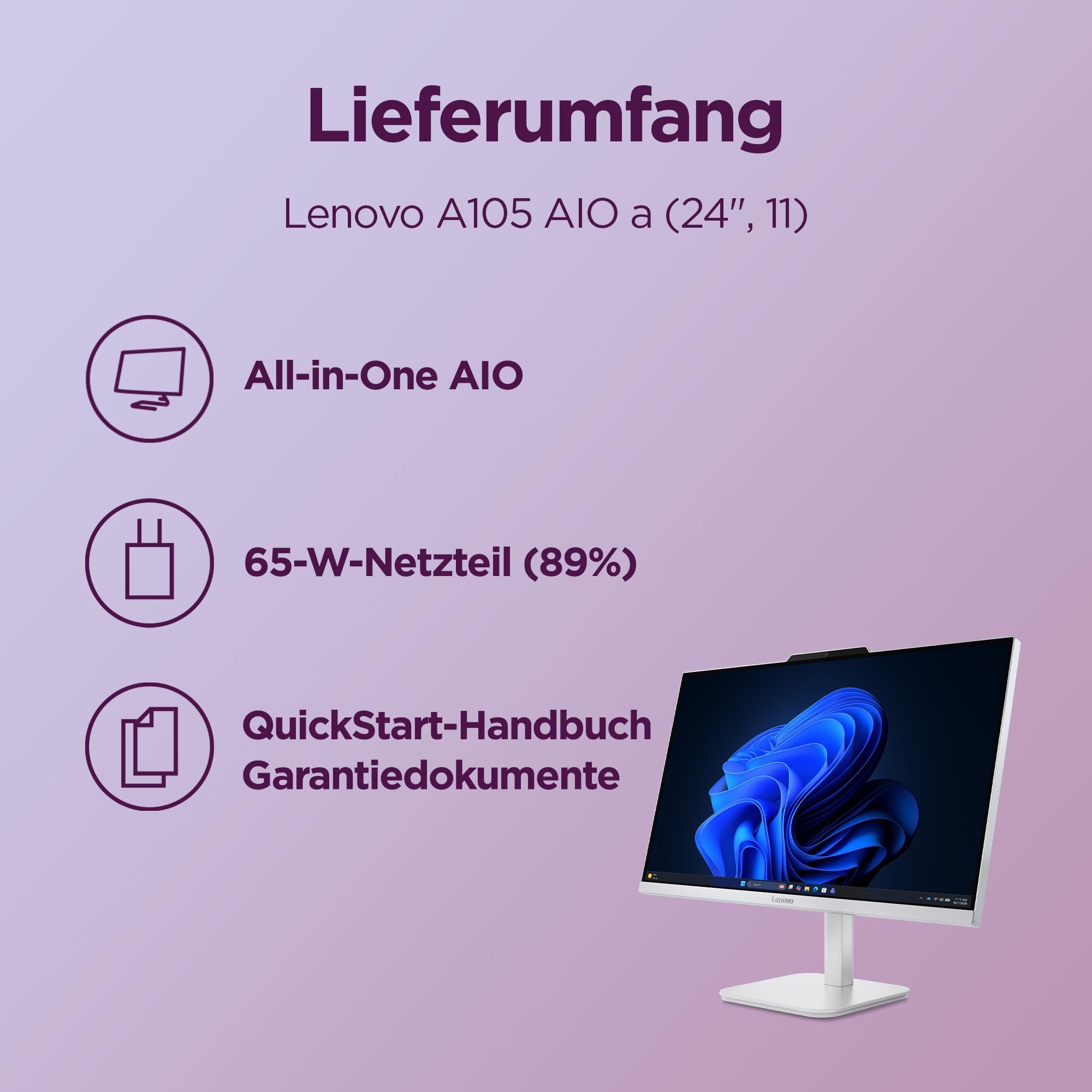 Lenovo AIO A105a All-In-One PC | 23.8" Full HD Display | AMD Ryzen 5 40 | 16GB RAM | 512GB SSD | AMD Radeon 610M Grafik | Windows 11 | Inkl. Maus und Tastatur | Grau | 3 Monate Premium Care