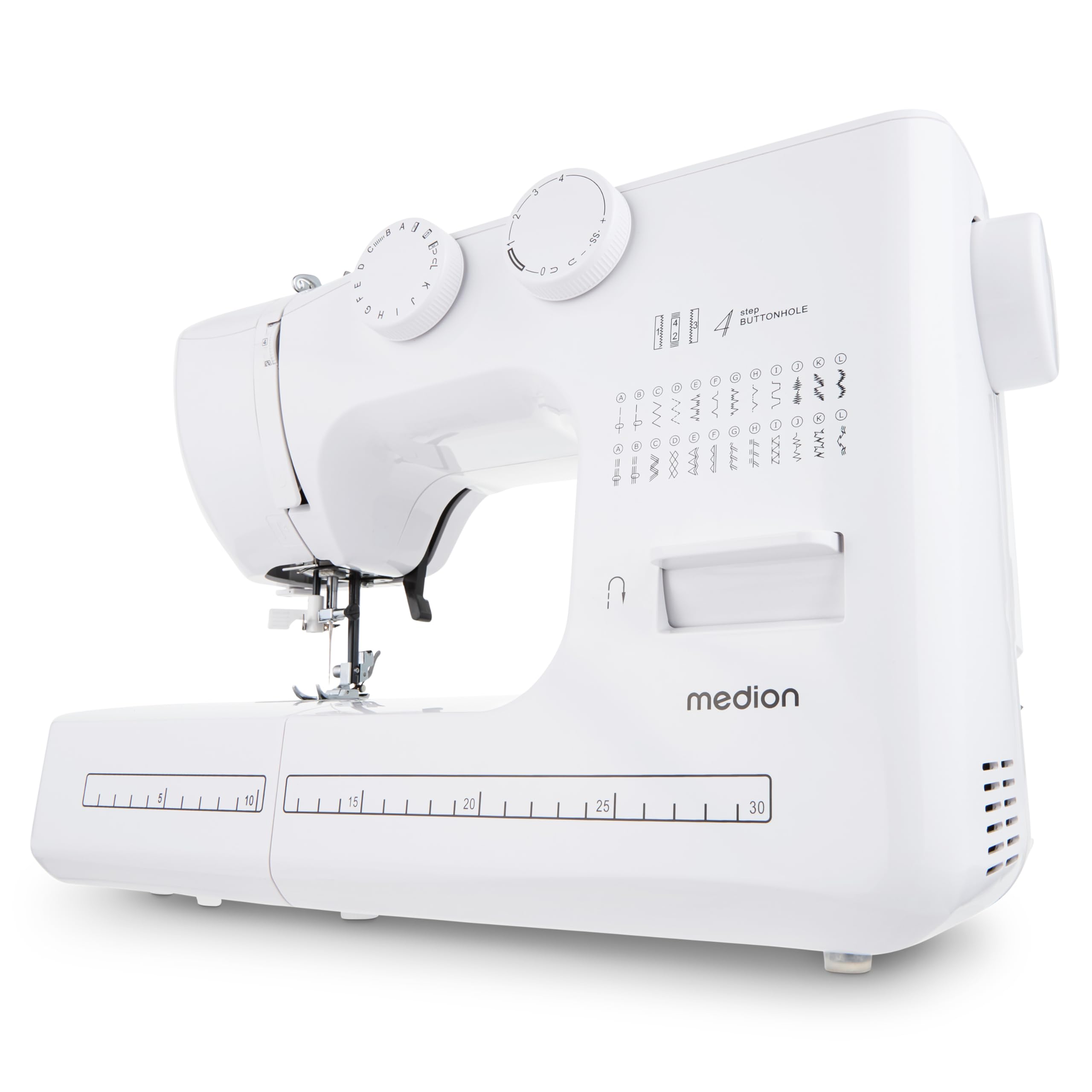 MEDION máquina de coser de brazo libre SM60 (60 vatios, 60 puntadas diferentes con ojales, luz de costura LED, enhebrador automático, botón de marcha atrás, cortador de hilo, MD10689) blanca