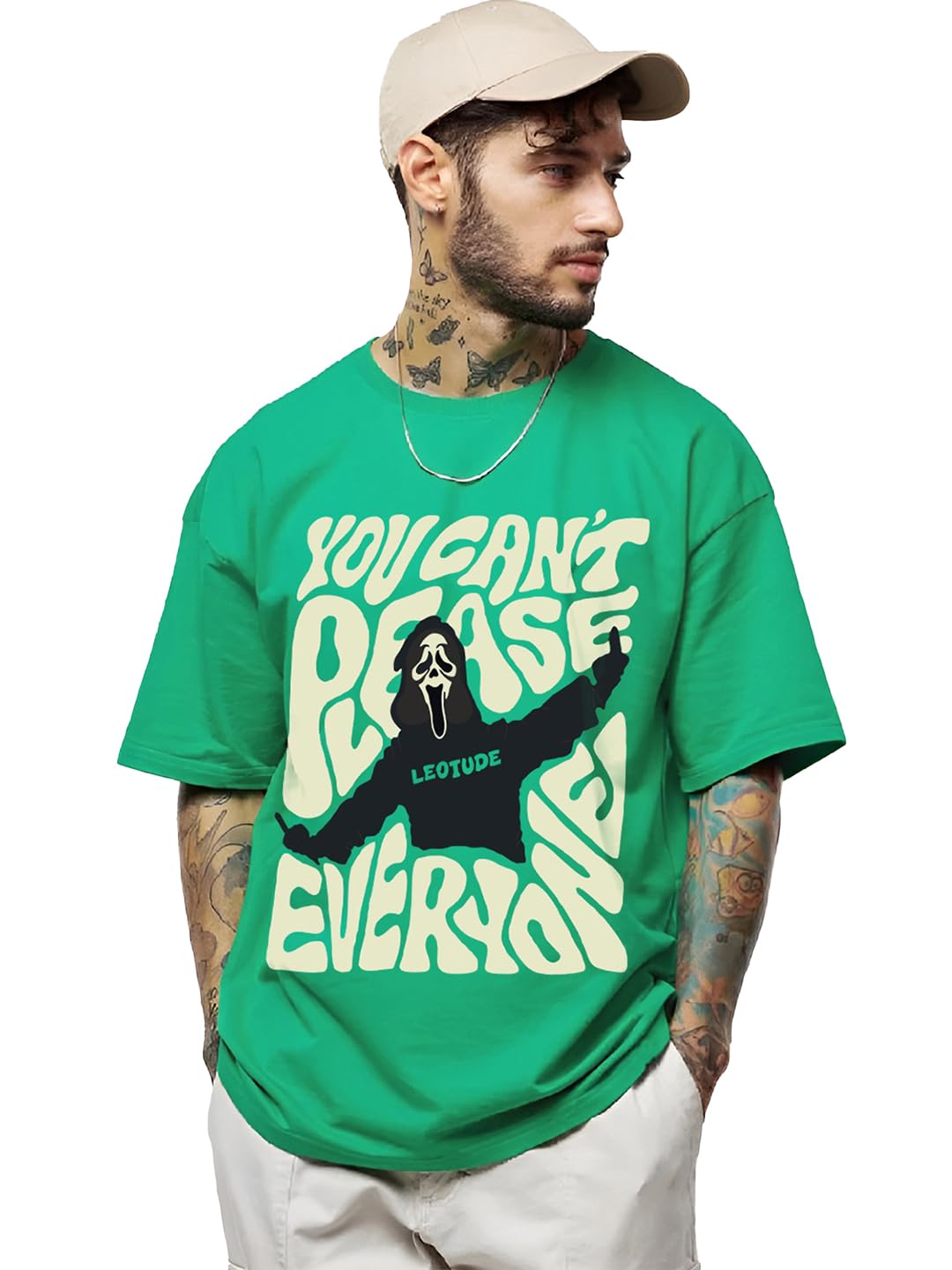 leotude Half Sleeve Oversized Cottonblend Round Neck Drop Shoulder Printed Men's T-Shirt (Color Rama Green)-picture-26