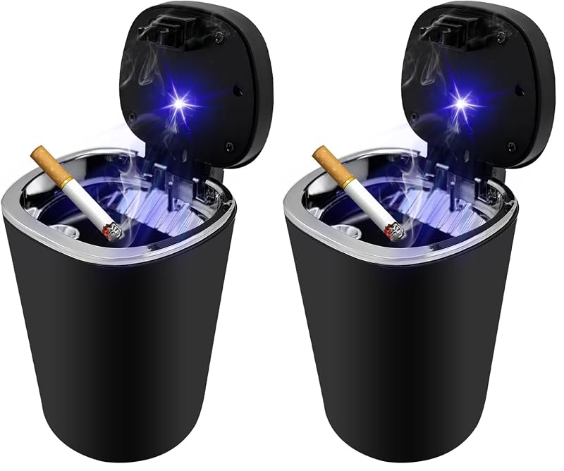Cinzeiro automotivo Ohleats em ABS e aço inoxidável com tampa, LED azul e suporte para cigarro, preto, 2 unidades