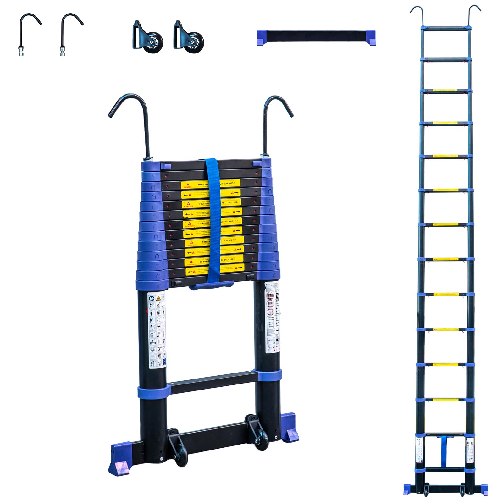 HOSTRÖM Escalera telescópica de Aluminio 4,1 m TELESCOVA13+, Escalera Plegable y Extensible, multifunción, Altura de Trabajo máx. 5 m, Ganchos Desmontables, garantía de 5 años