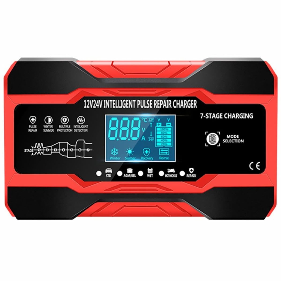 Tofficu Chargeur de Batterie Intelligent 12v 24v Rouge Portable Fonction de Réparation à Impulsions et Protections Multiples pour Voiture Usage Extérieur