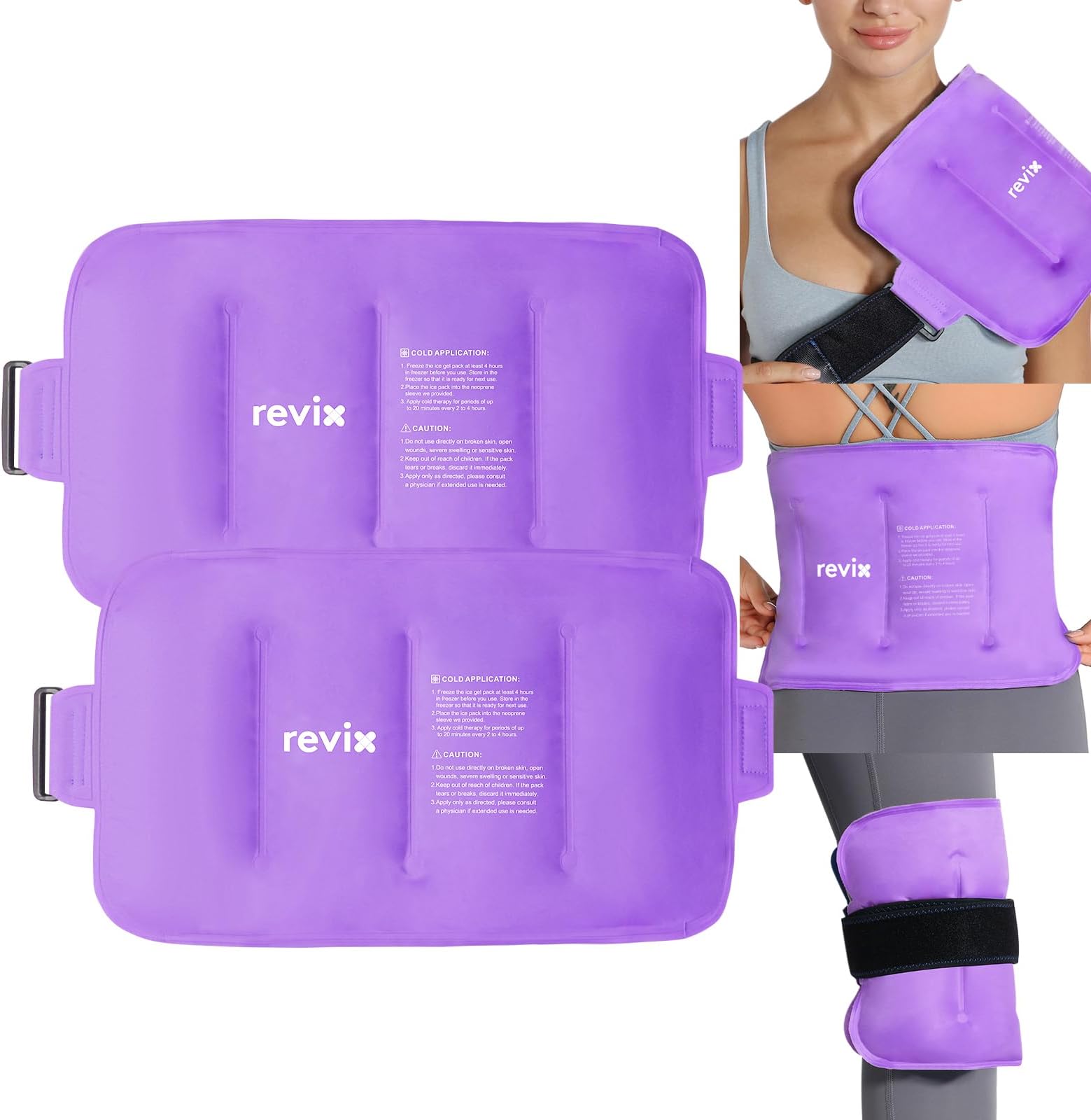REVIX 2-Pack Large Cold Packs for Back, Rotator Cuff, Hip, Knee, and Shin, Versatile Cold Compress with Soft Plush Lining and Strap, 16" × 9"