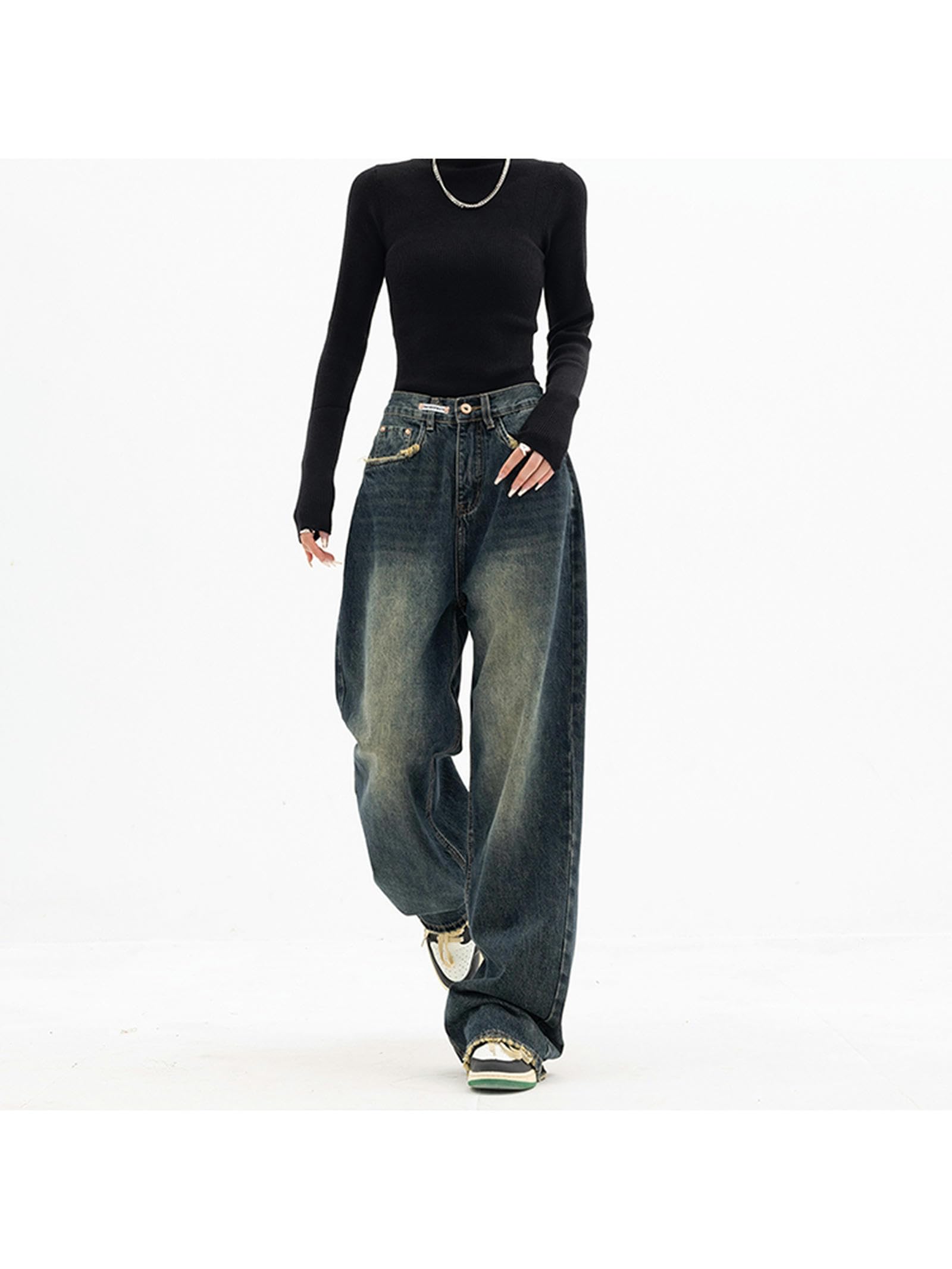 Moda Americana Streetwear Jeans a Gamba Larga Pantaloni di Jeans Femminili Pantaloni di Jeans Larghi Jeans Vintage Blu a Vita Alta da Donna Y2K-Blu Profondo-M