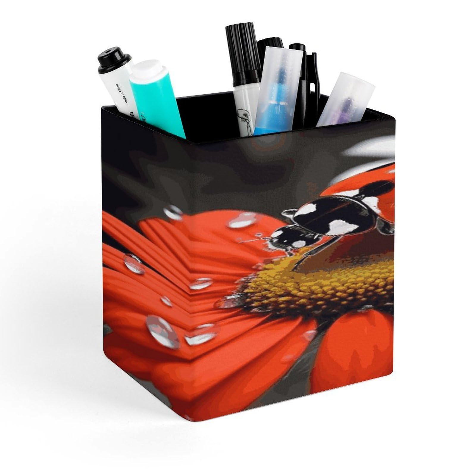 MUSM Ladybug Daisy Pen Holder Square PU Leather Desktop Organizer And Makeup Brush Holder Storage Box Modern Design Stationery Organizer for Office Desk Accessory