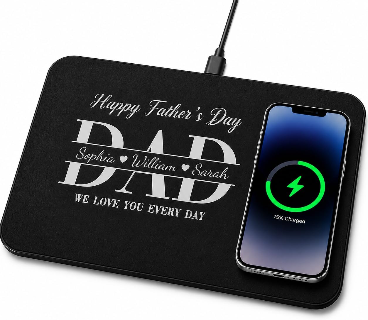 Dad Forget Fathers Day We Love You Everyday - Personalized Leather Charging Mat, Custom Names Faux Leather Wireless Charger Pad for Dad, Husband, Grandpa - Fathers Day Birthday Gifts from Kids (BL 4)