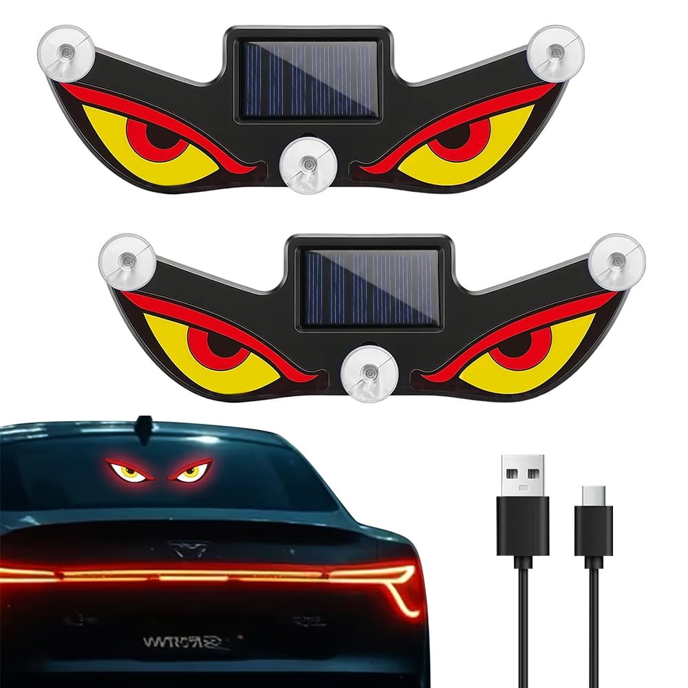 Solar Demon Eye LED Car Window Light, 2 Stück Dynamisches Dämon Augen LED Licht, Led Augen, USB-C Aufladbar Augenlicht für Windschutzscheibe mit 5 Beleuchtungsmodi, Blink und Atemmodus